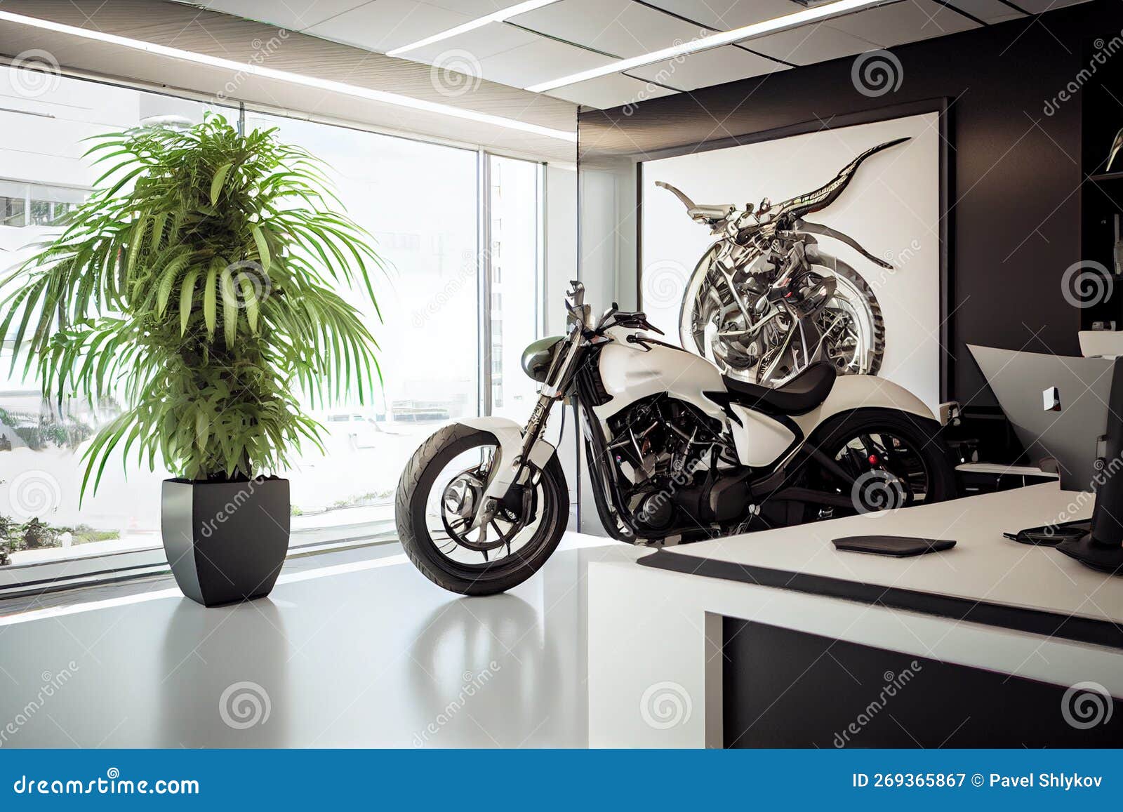 A Real Motorcycle in the Interior of a Modern Bright Office. Original