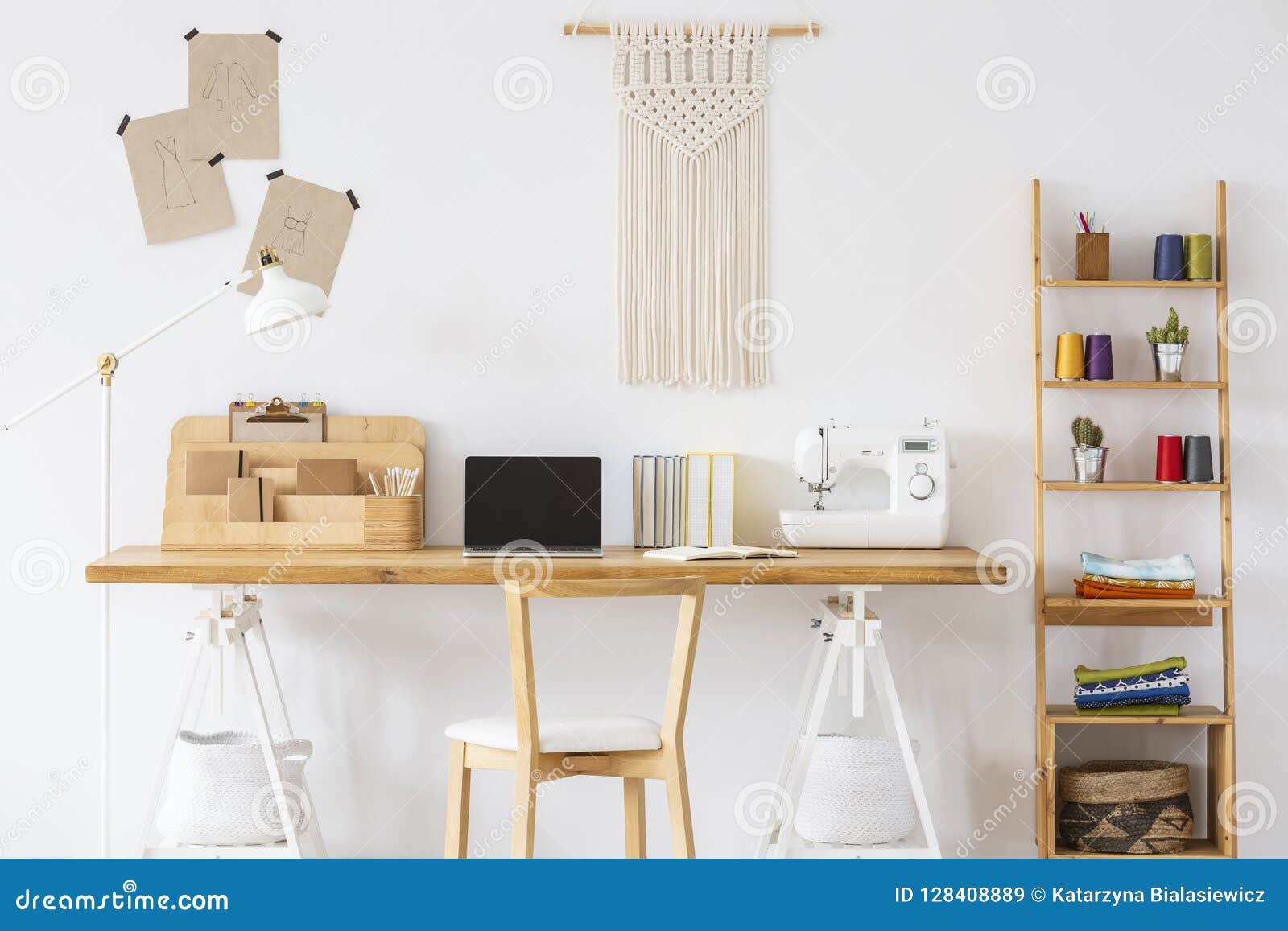 Wooden Desk With A Laptop Sewing Machine Organizer And Macrame