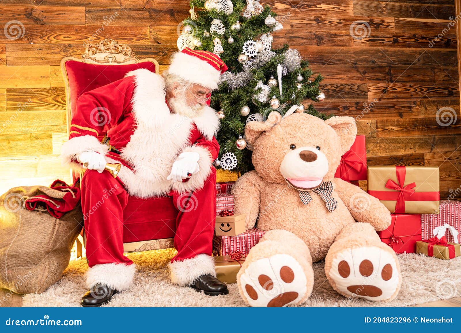 Real Santa Claus with Big Teddy Bear Sitting Under the Christmas ...
