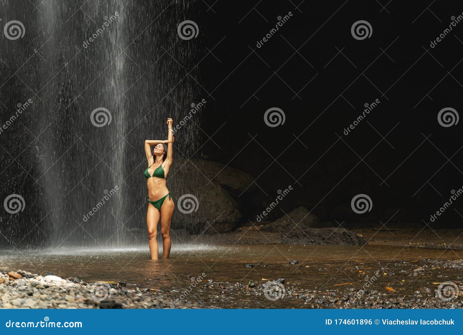 Real View Of Woman In Swimsuit Under Waterfall Stock Photo Image Of