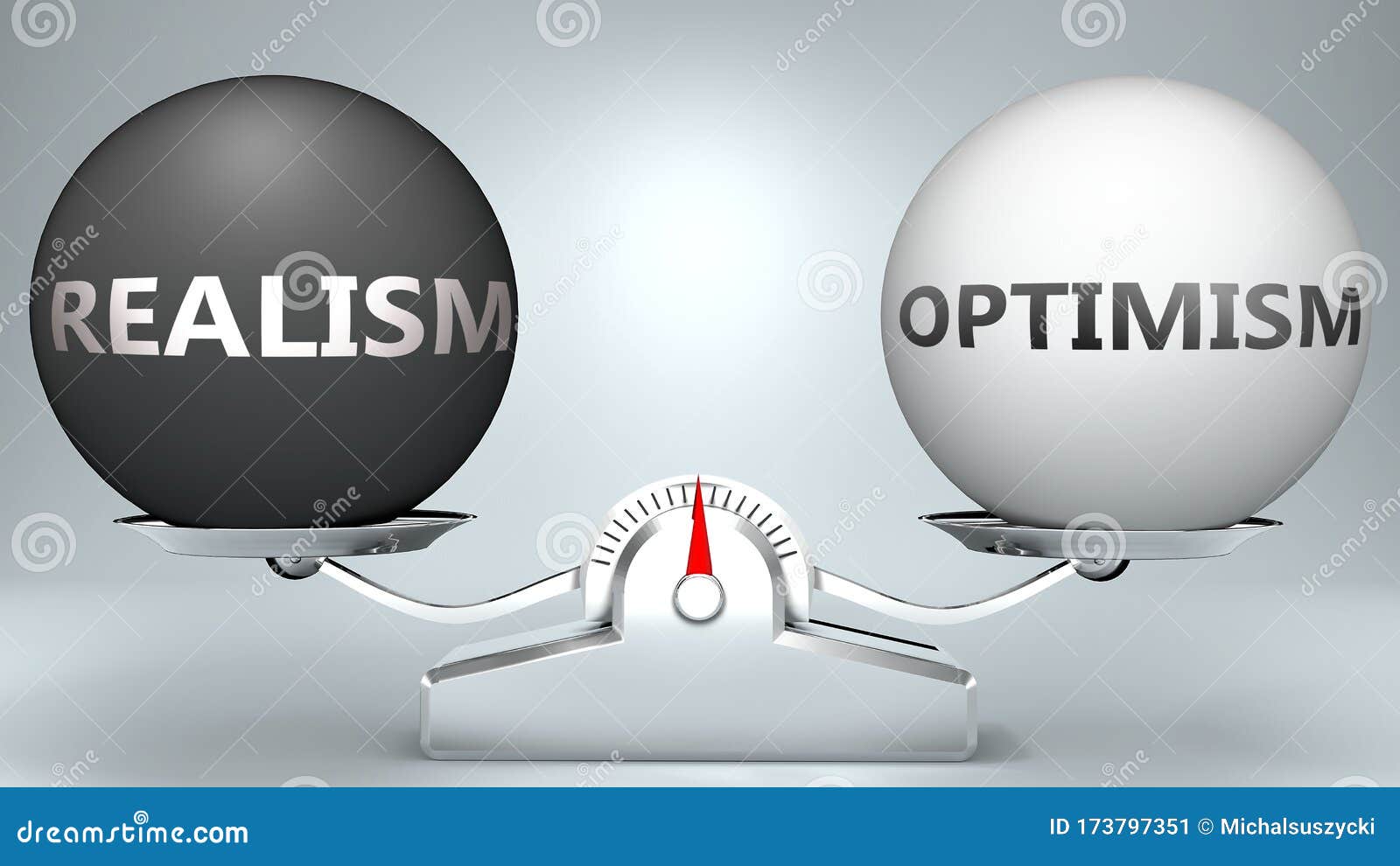 realism and optimism in balance - pictured as a scale and words realism, optimism - to ize desired harmony between realism