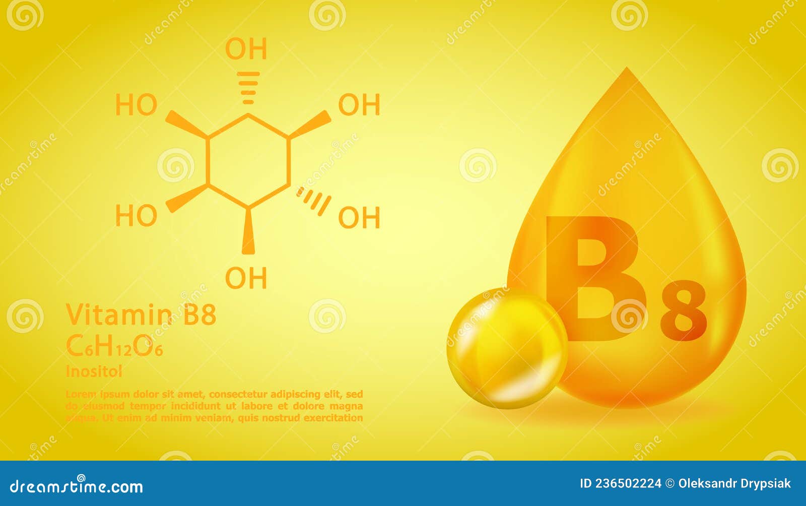realistic b8 inositol vitamin drop with structural chemical formula. 3d vitamin molecule b8 inositol . drop pill