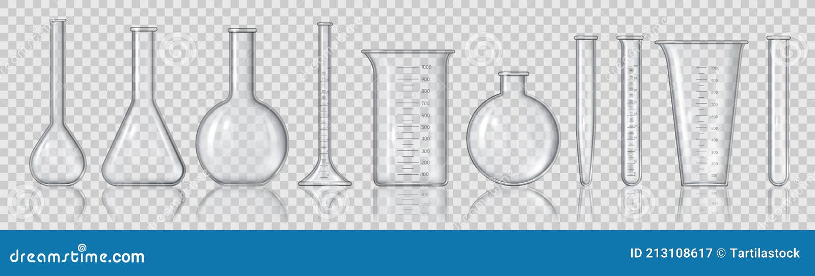 realistic beakers and flasks. 3d empty laboratory measuring equipment, glass tubes for medicine, bottles and chemistry
