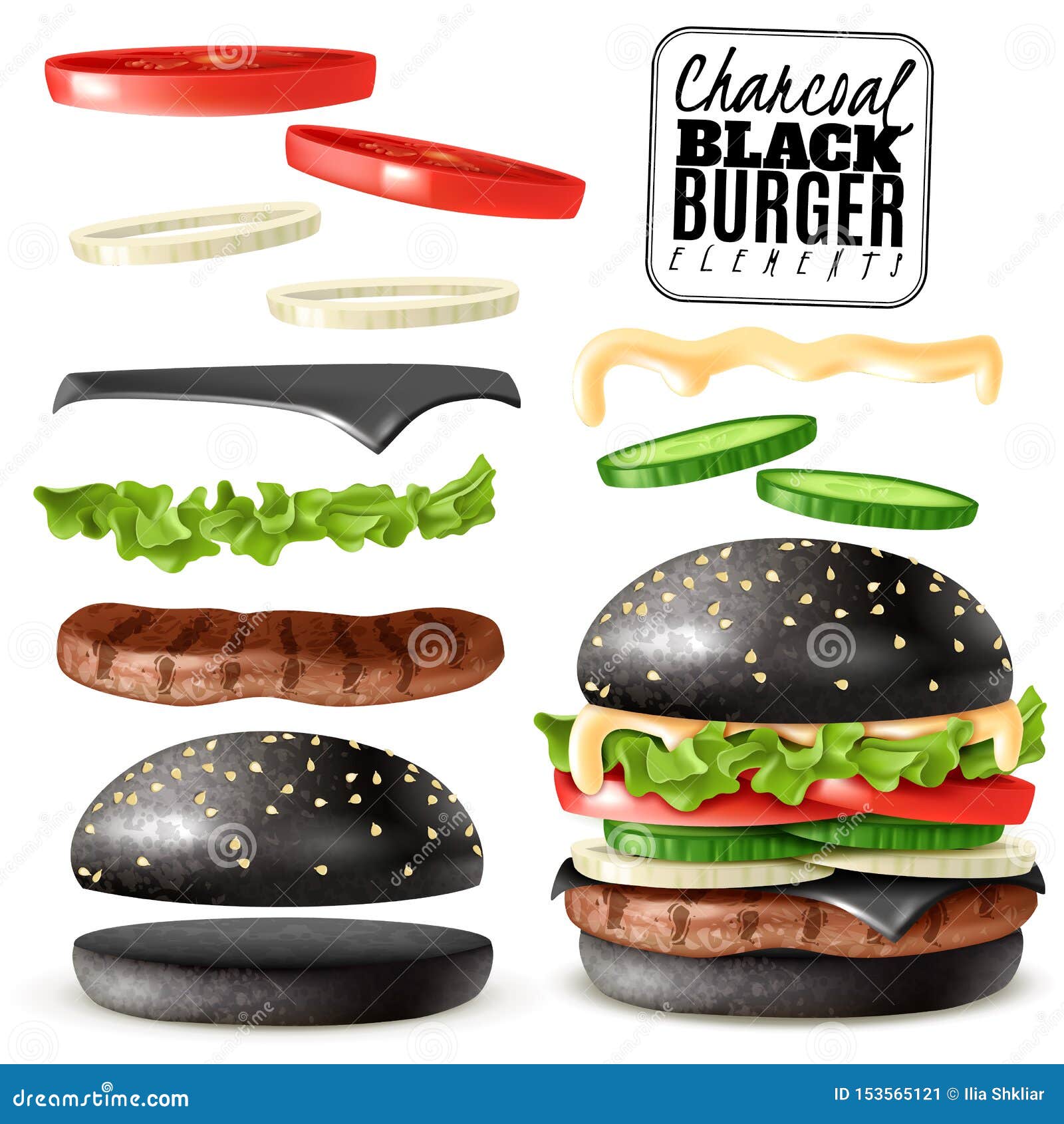 Realistic Black Charcoal Burger Elements Set Cartoon Vector