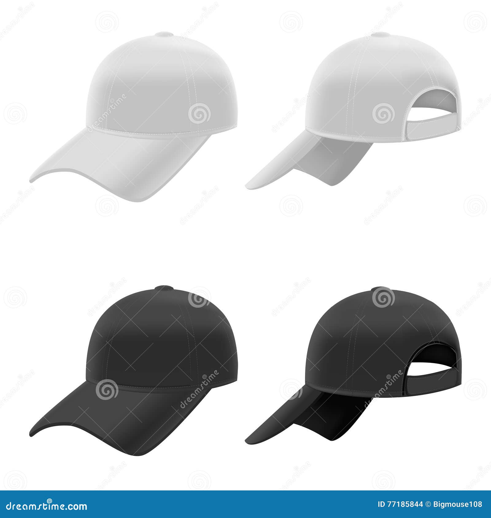 Realistic Black and White Baseball Cap Set. Vector. Realistic Black and White Baseball Cap Set on Light Background. Vector illustration