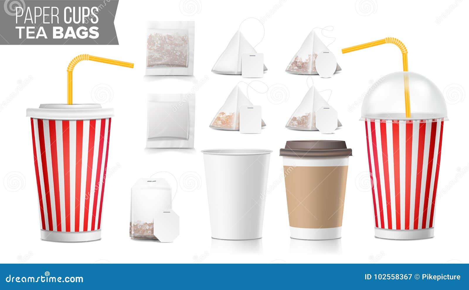 Download Realistic Blank Ocher Paper Cups Vector. Tea Bags Mock Up. Coffee Cup Blank. Soda, Soft Drinks ...