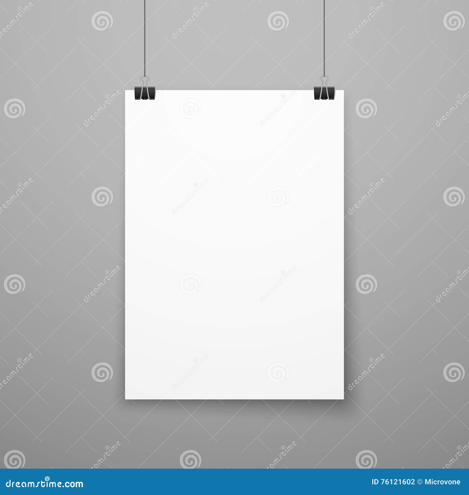 Poster binder clips. Simple poster mock up on grey grunge wall. Vertical  paper on binder clips. Place for text, photo, illusttation. Canvas. Flyer.  Business template. Stock Vector