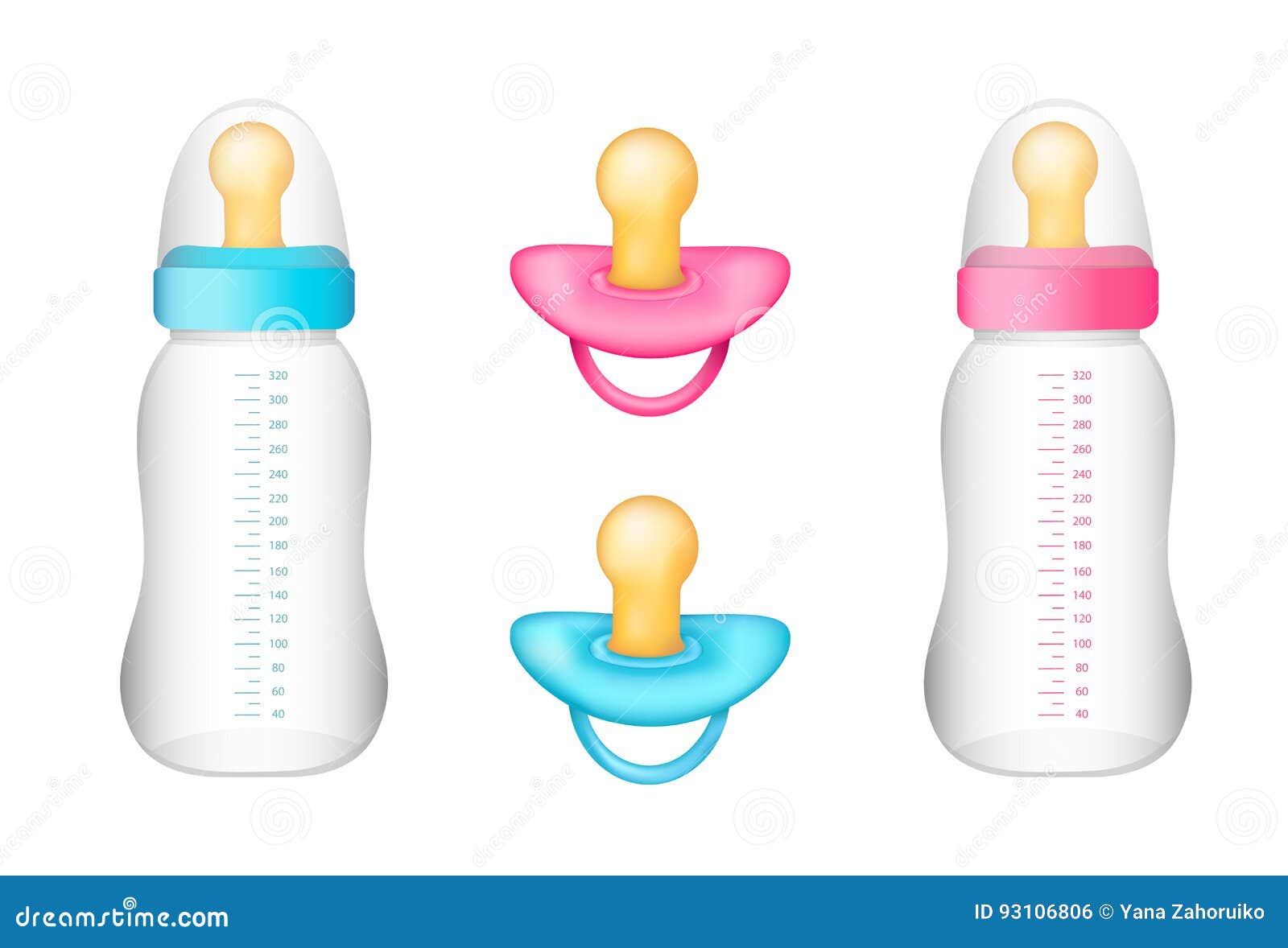 Realistic Blue and Pink Pacifiers, Baby Bottles on the White Background