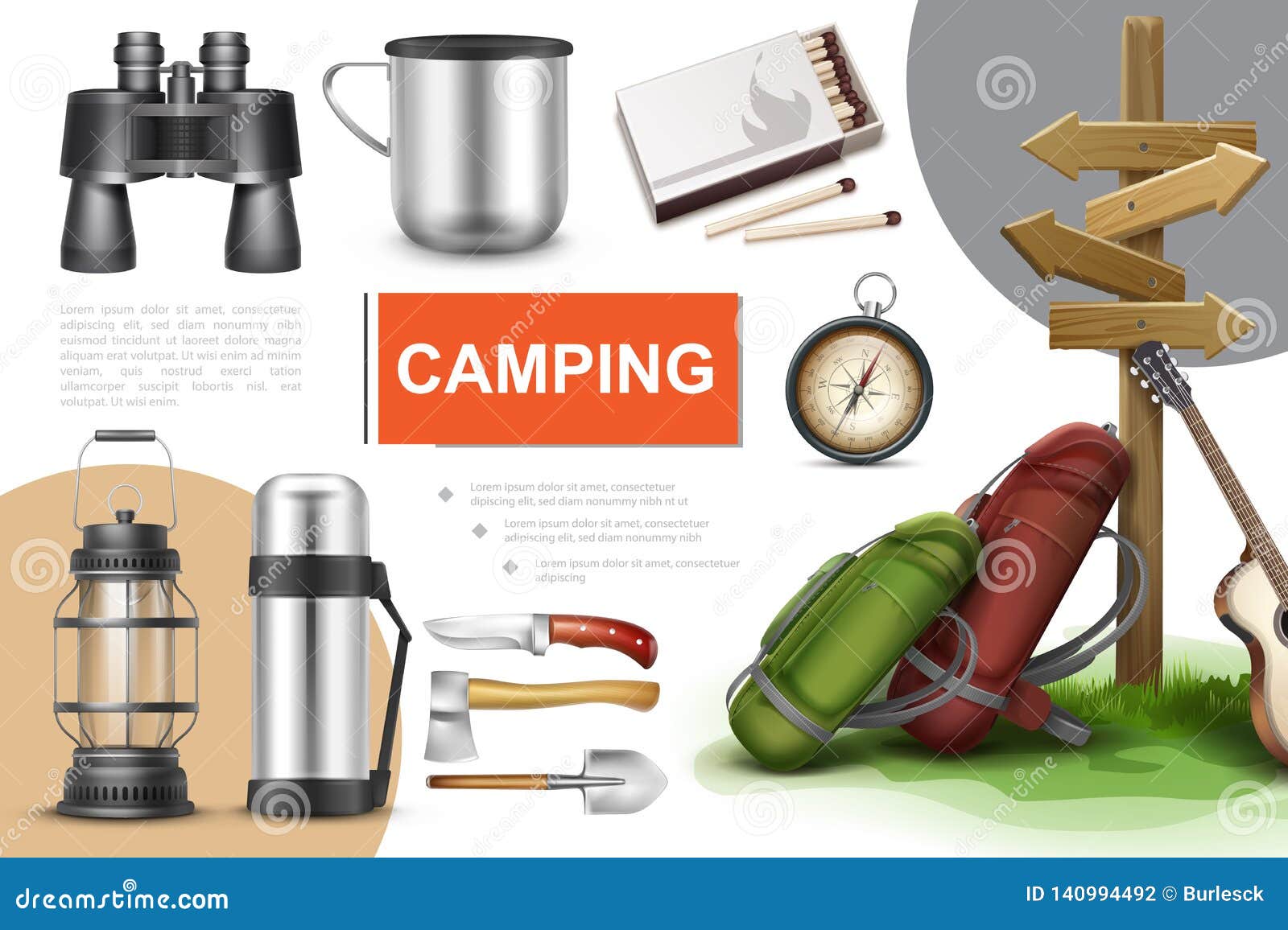 Realistic Camping Elements Composition Stock Vector Illustration of backpack, metal 140994492