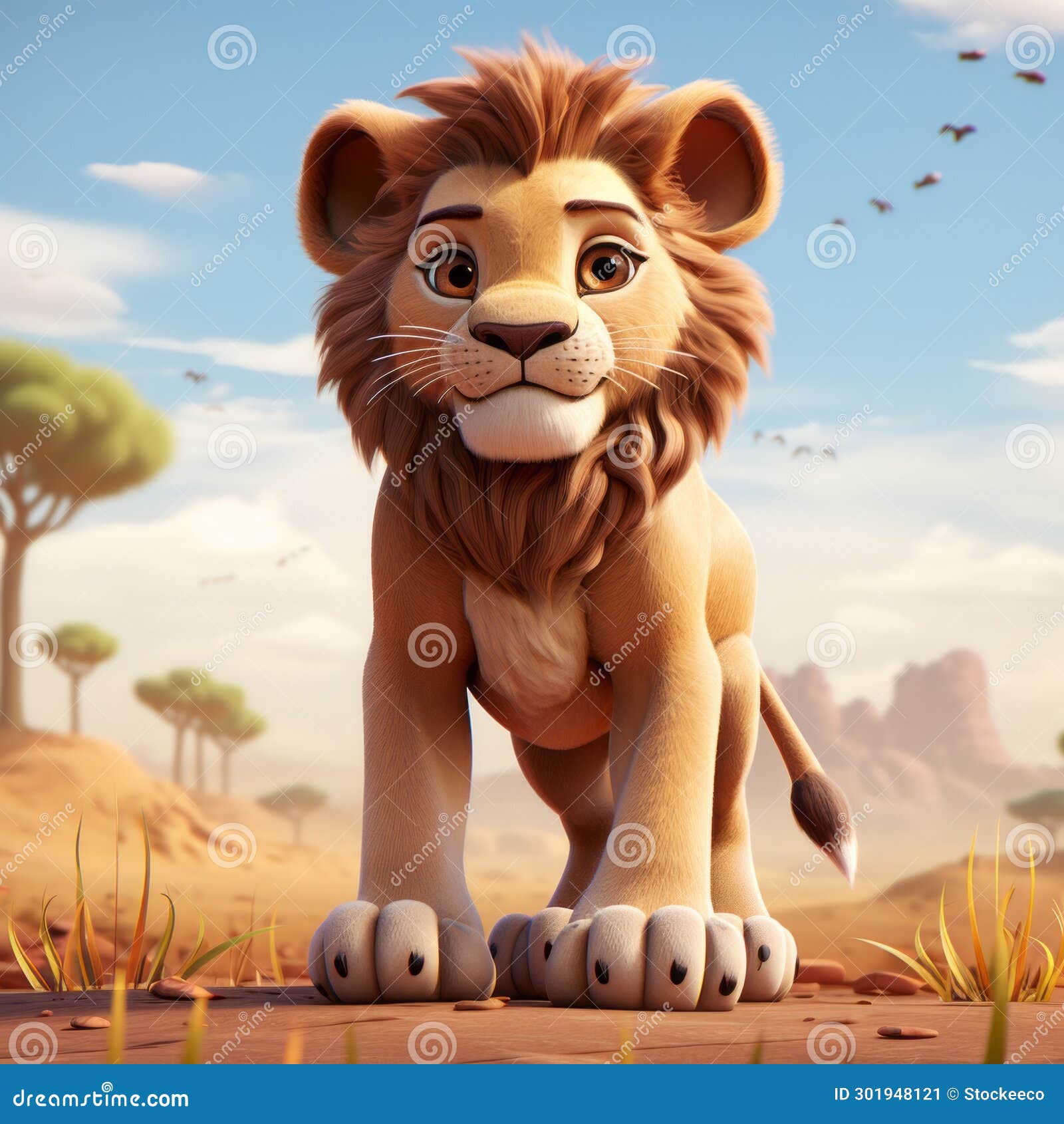 Realistic Cartoon Lion in Immersive Landscape Stock Illustration ...