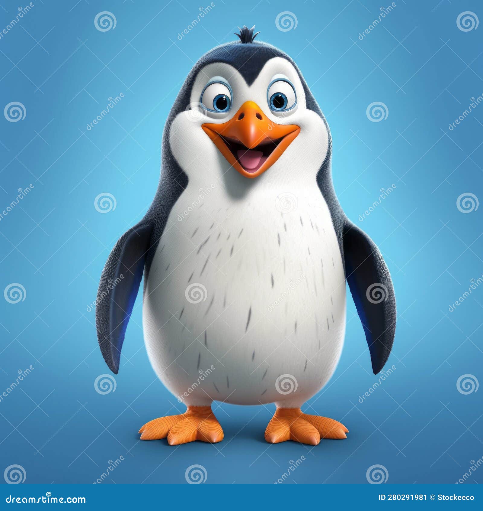 realistic cartoon penguin animation on blue background