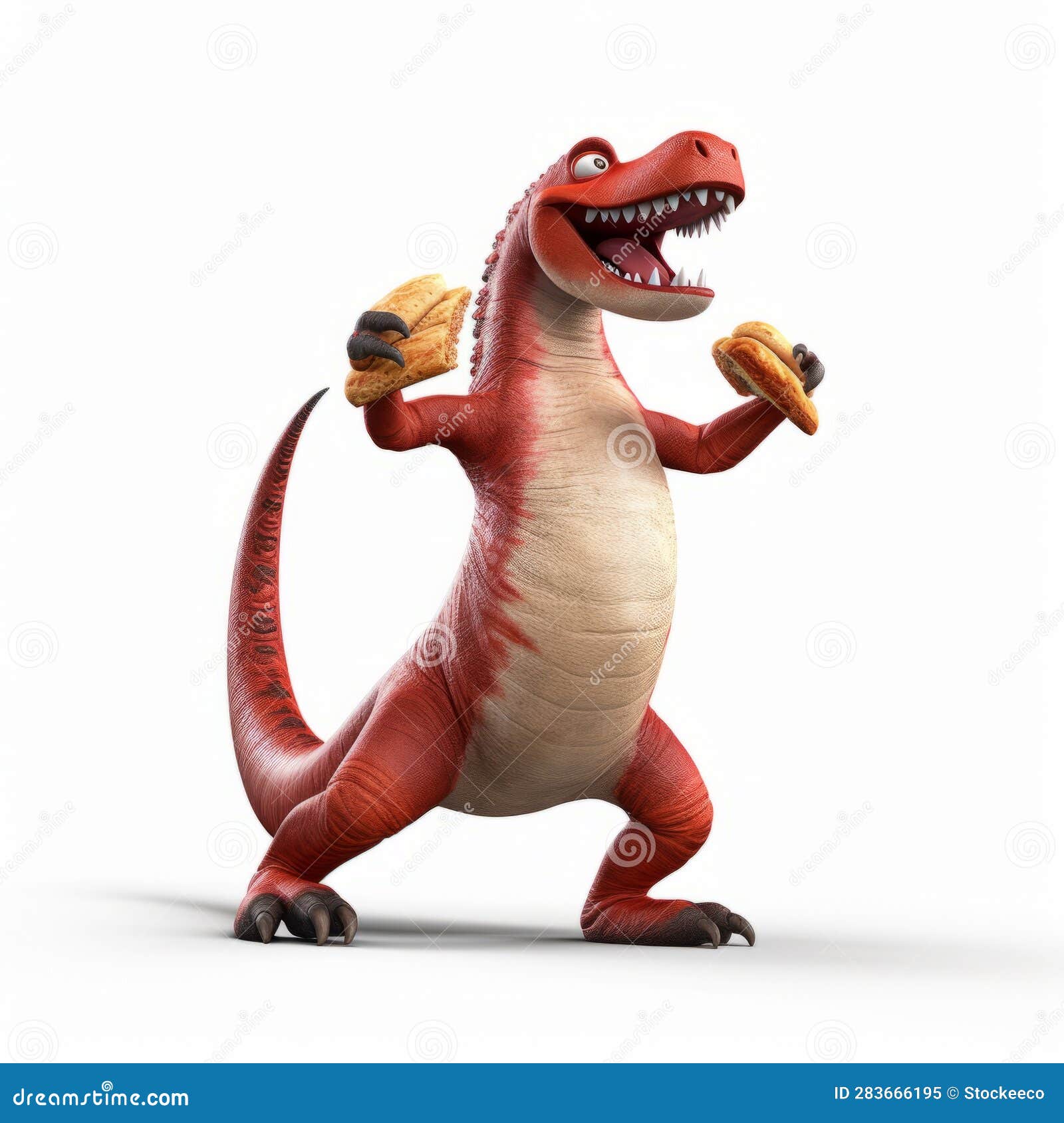 Realistic Cartoonish Red T Rex Holding Two Foods Stock Image