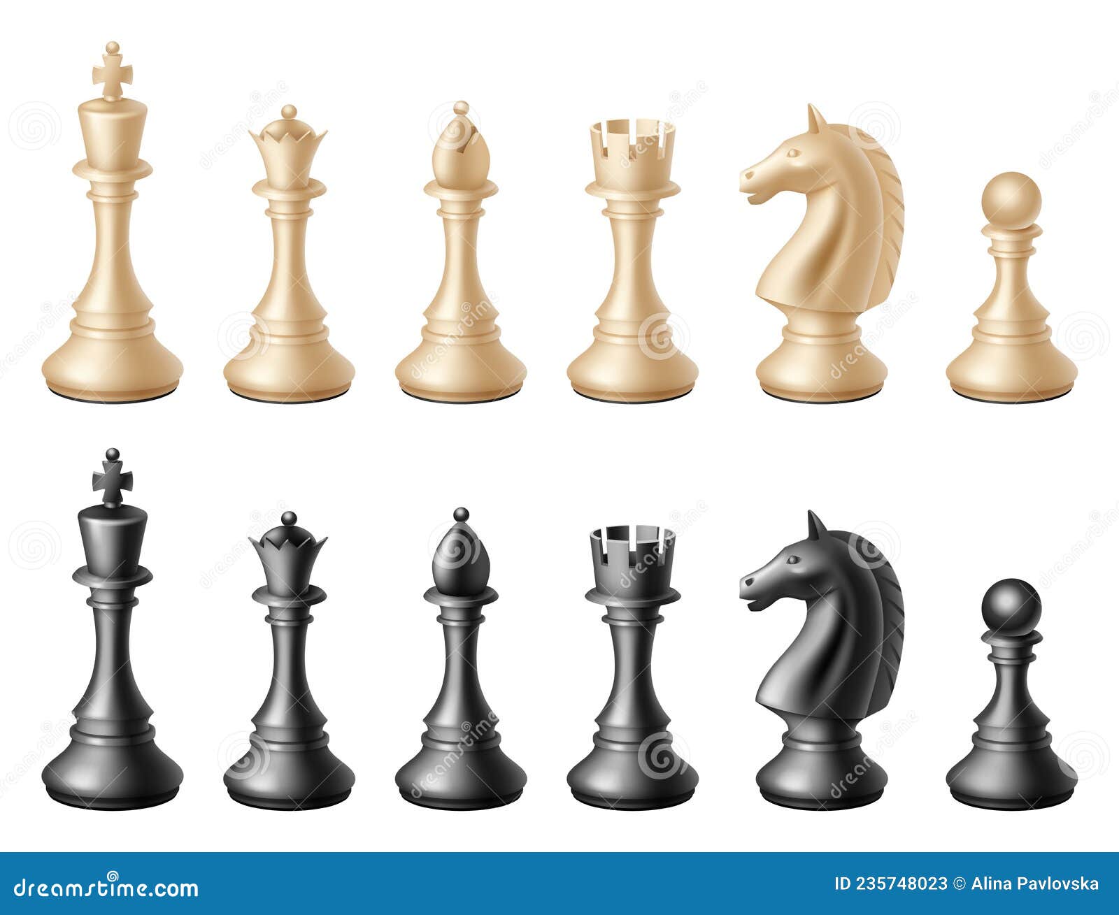 Black chess pieces. Queen pawn and king isolated. Chessboard