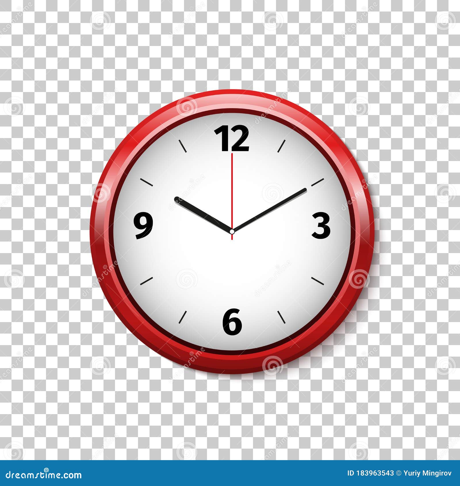 Realistic Classic Red and White Round Wall Clock Isolated Object on