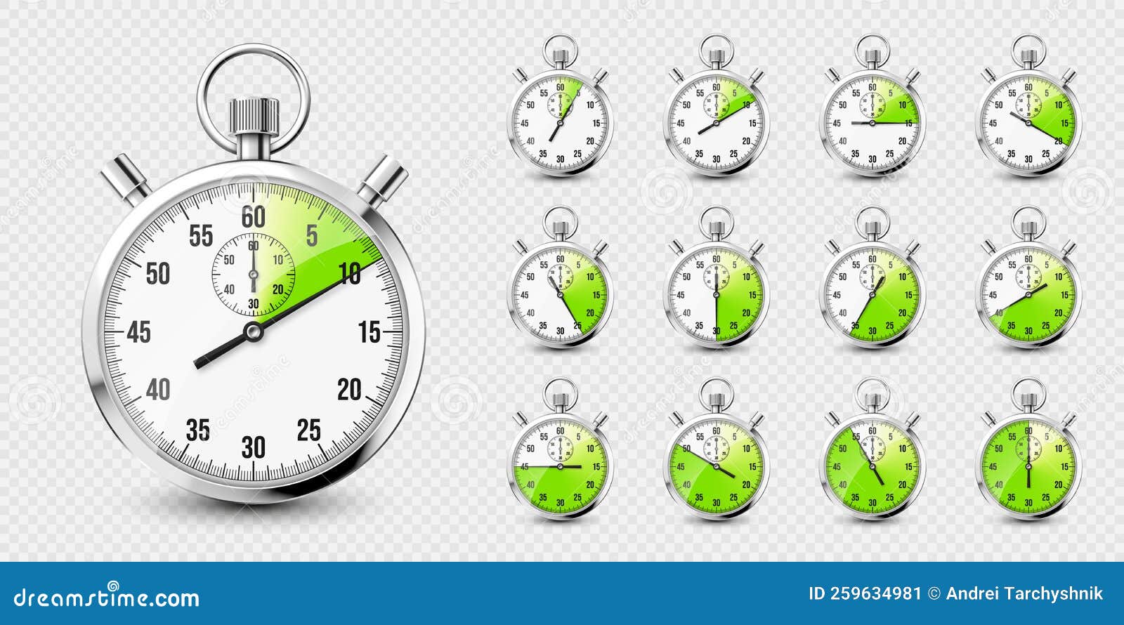 Realistic Classic Stopwatch Icons. Shiny Metal Chronometer Time Counter