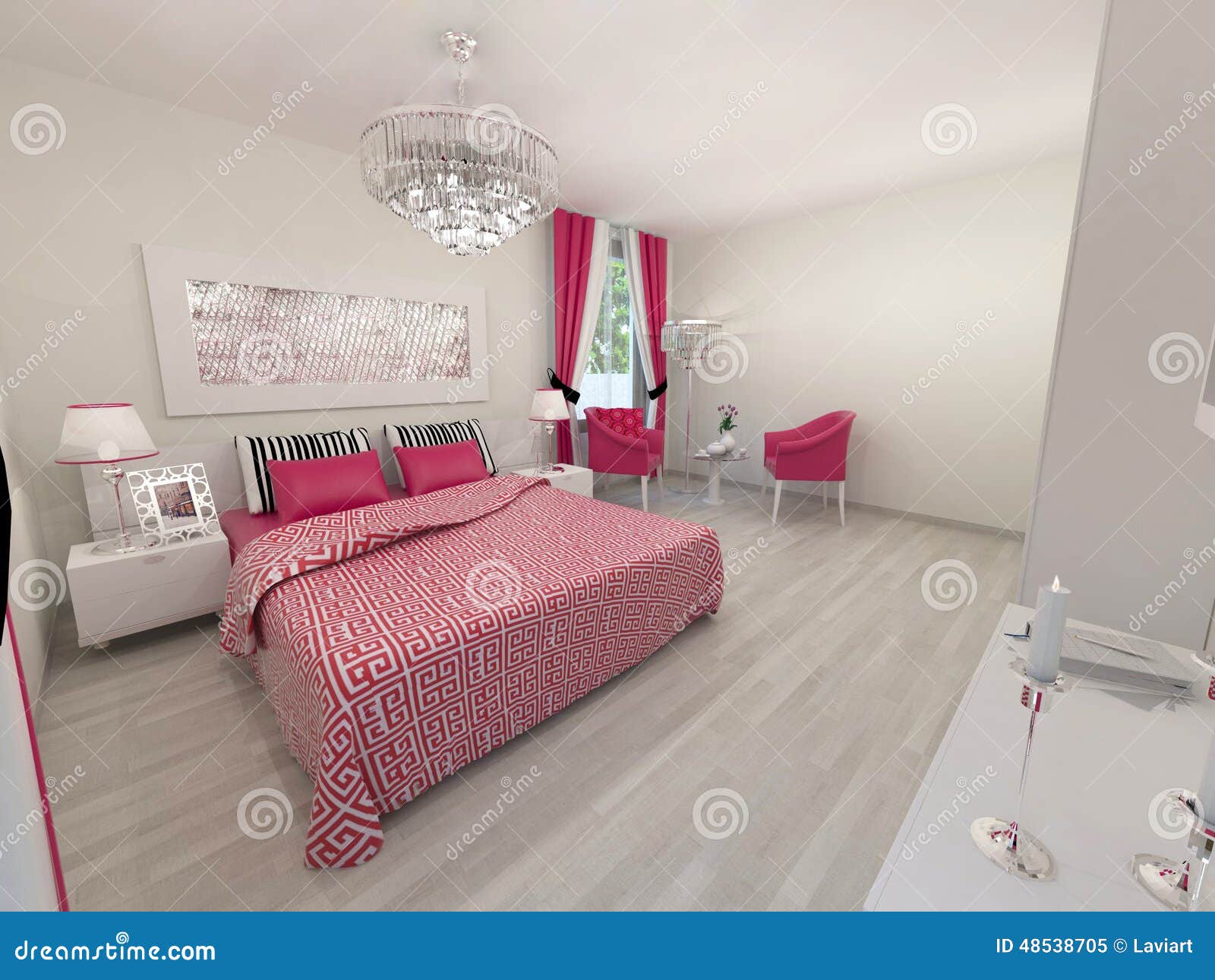 Realistic 3D bedroom stock illustration. Illustration of architecture