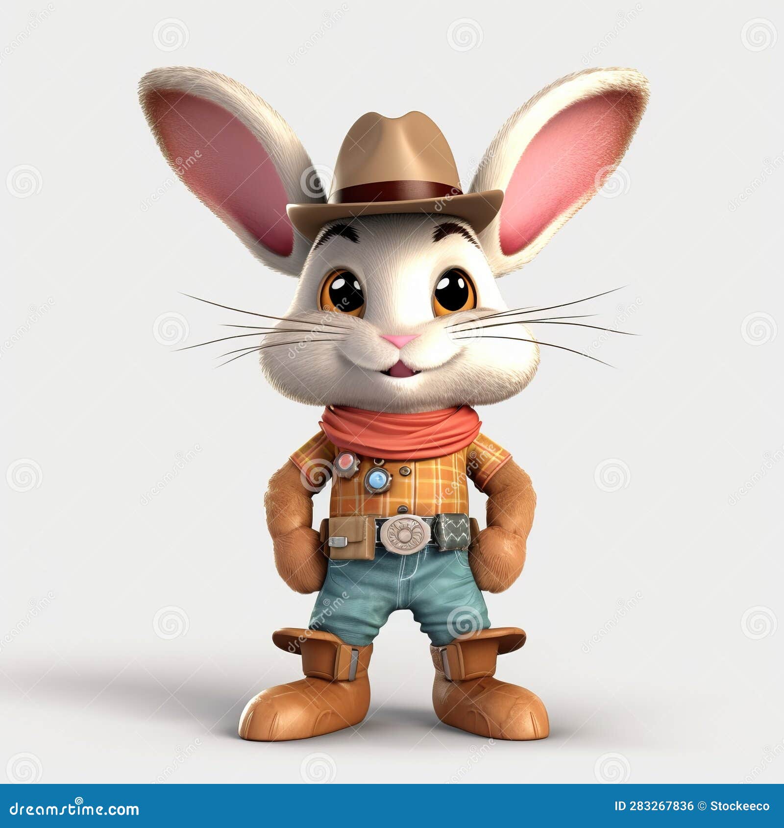 realistic 3d cartoon bunny cowboy with detailed costume