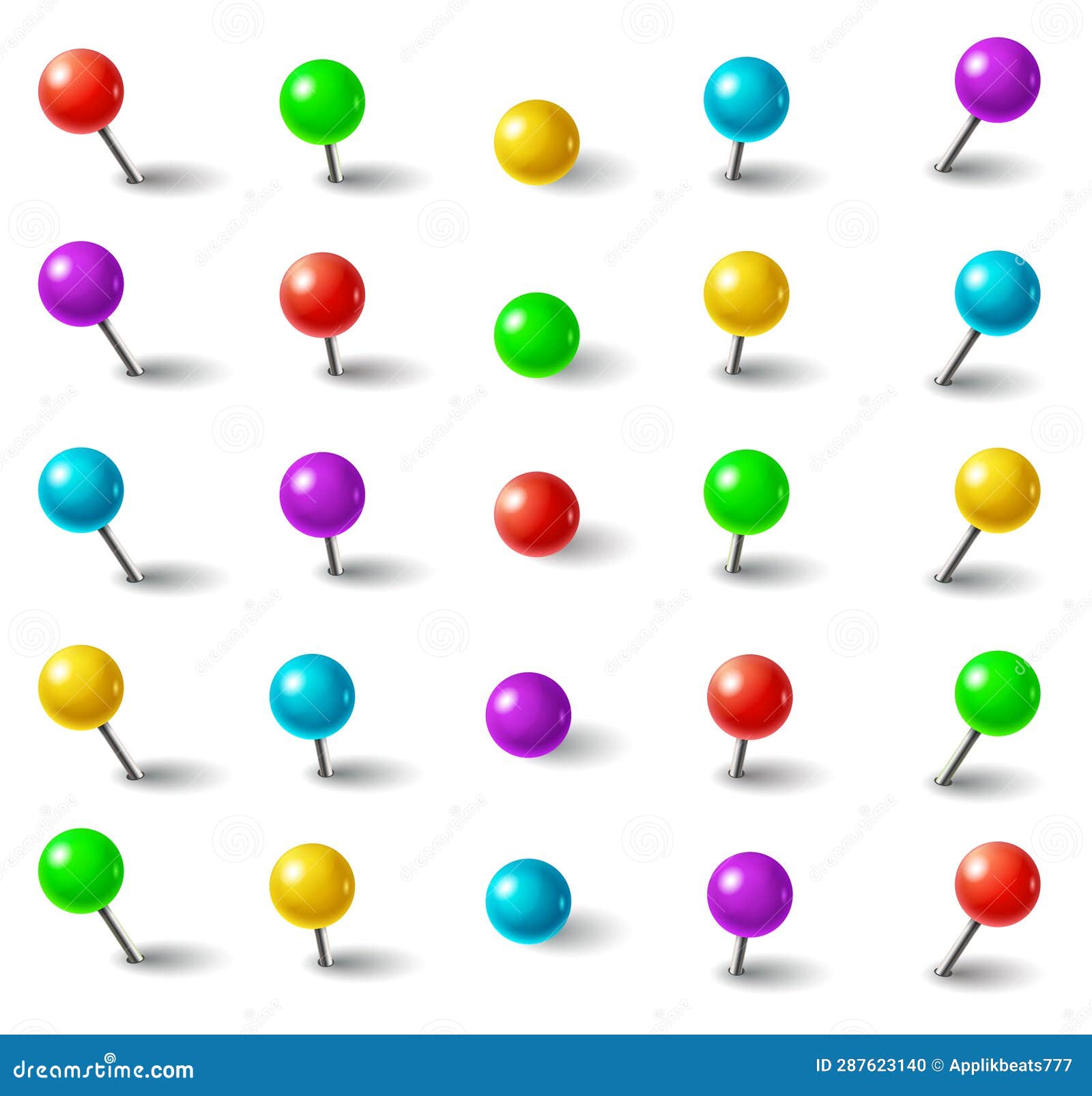 Realistic 3d Color Plastic Push Pins with Round Head and Needle in