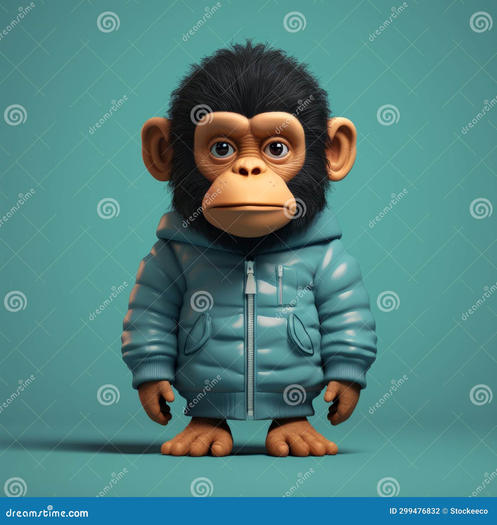 realistic 3d  of a chimp in a blue jacket