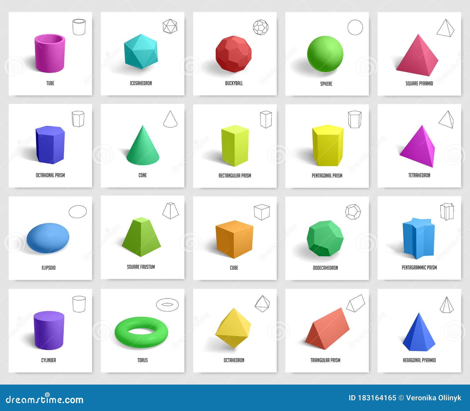 Realistic 3D color basic shapes. Solid colored geometric forms