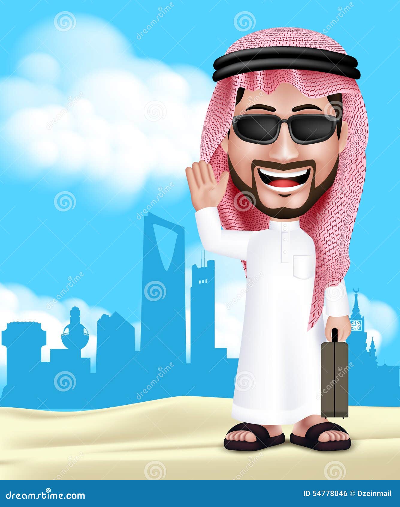 realistic 3d handsome saudi arab man wearing thobe