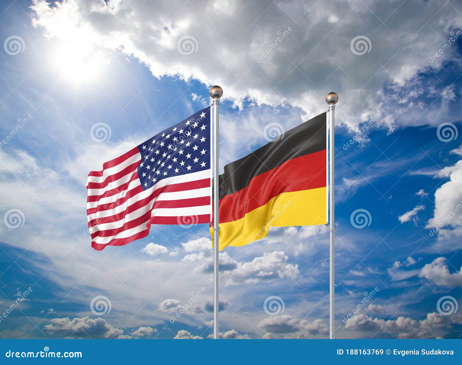 Realistic 3D Illustration. USA and Germany. Waving flags of America and Germany.