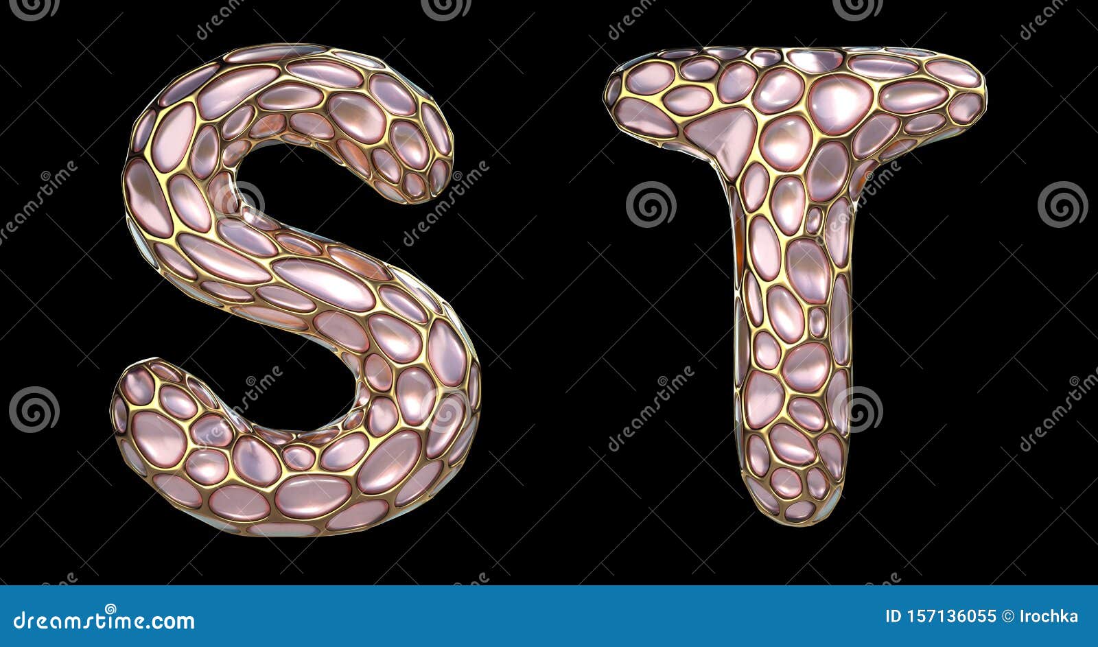 realistic 3d letters set s, t made of gold shining metal letters.