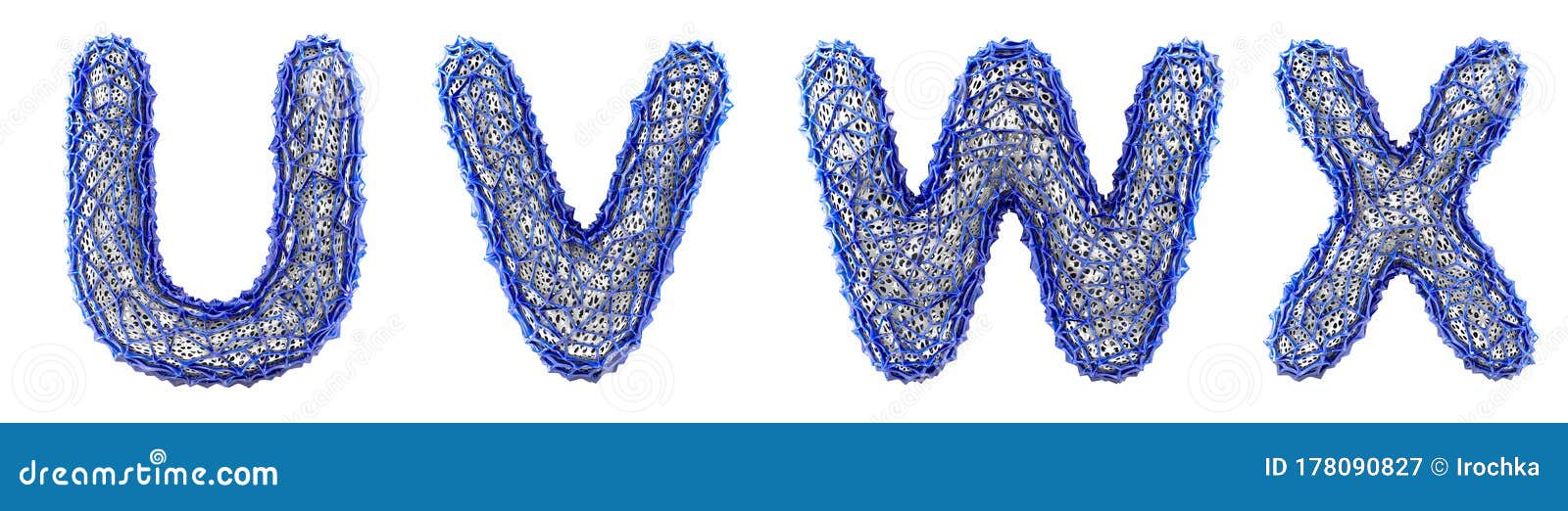 realistic 3d letters set u, v, w, x made of blue plastic.