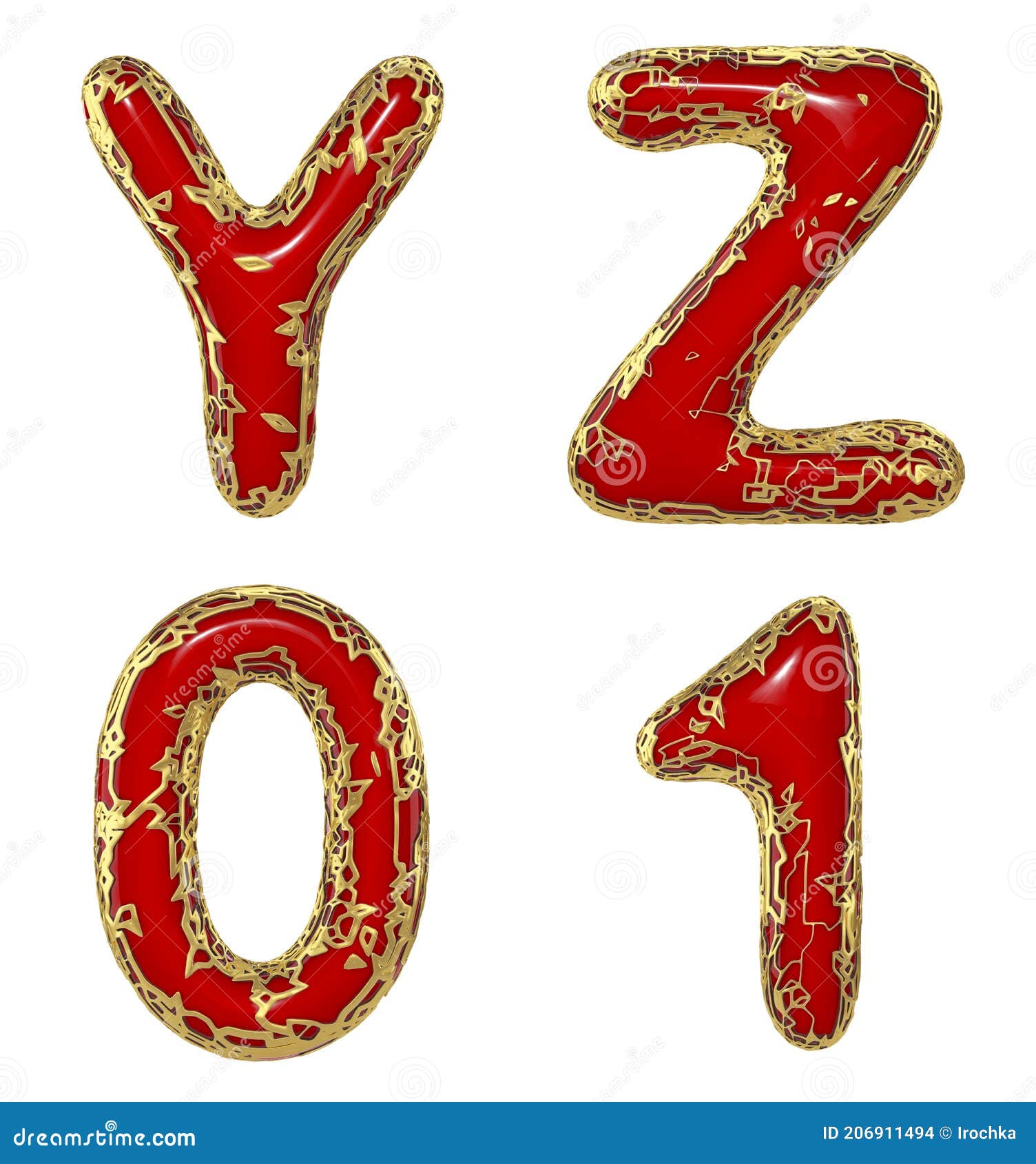 realistic 3d letters set y, z, 0, 1 made of gold shining metal letters.
