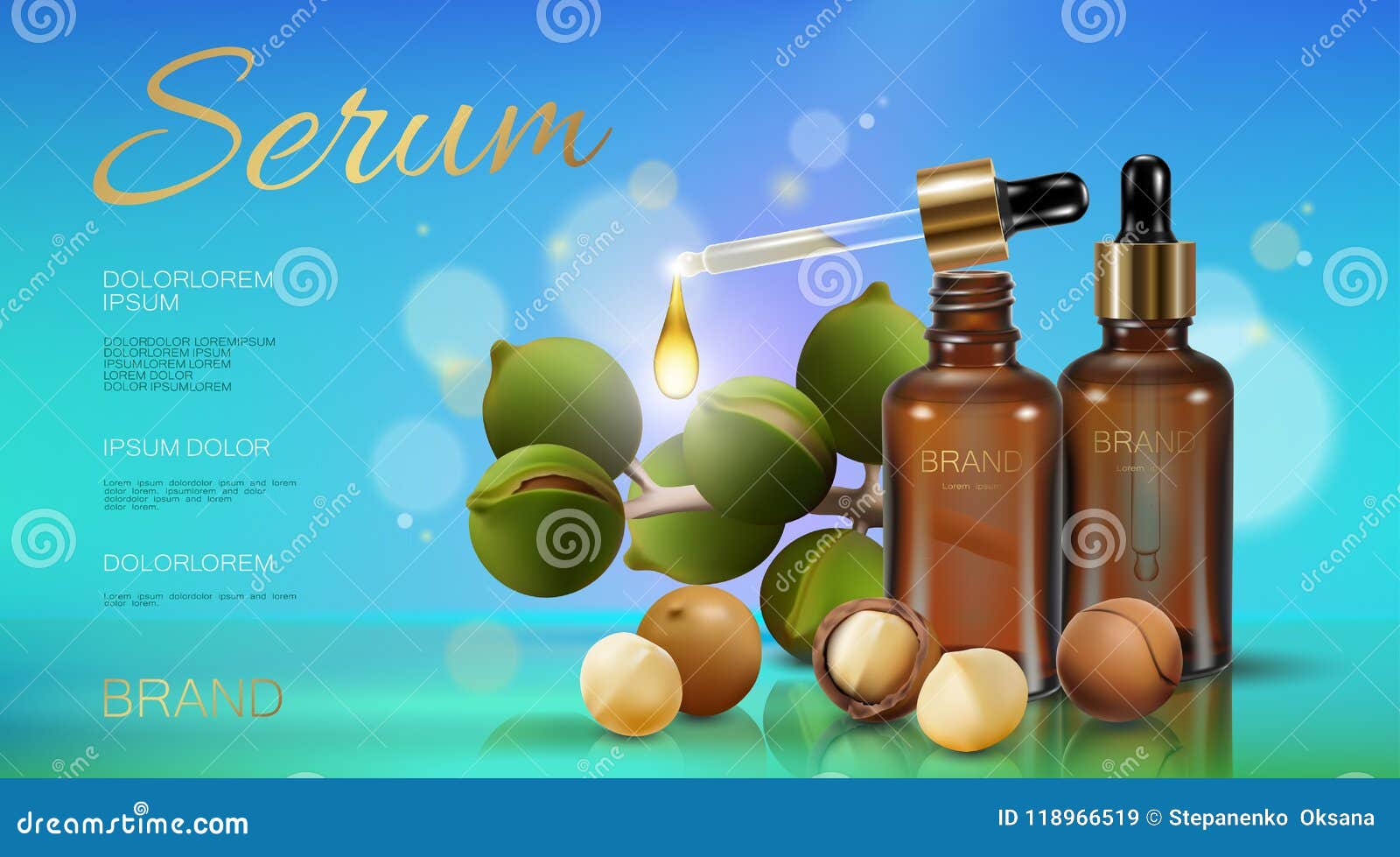 Realistic 3d Macadamia Nut Oil Cosmetic Ad Template. Light Blue Sunny Sky  Transparent Glass Essence Bottle Pipette Serum Stock Vector - Illustration  of isolated, glass: 118966519