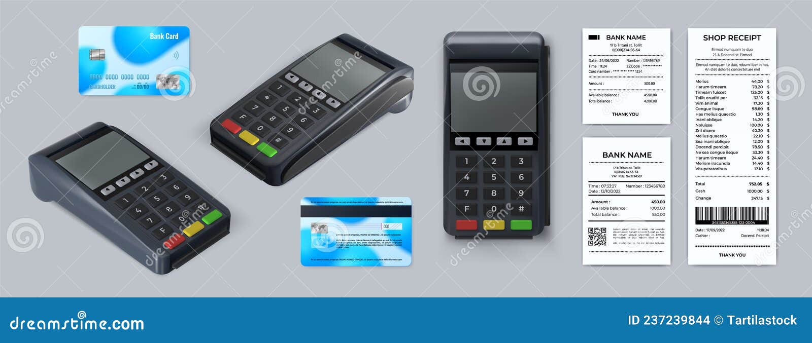 realistic 3d pos machine top view, credit cards and receipt. cashless payment terminal. card reader device printing