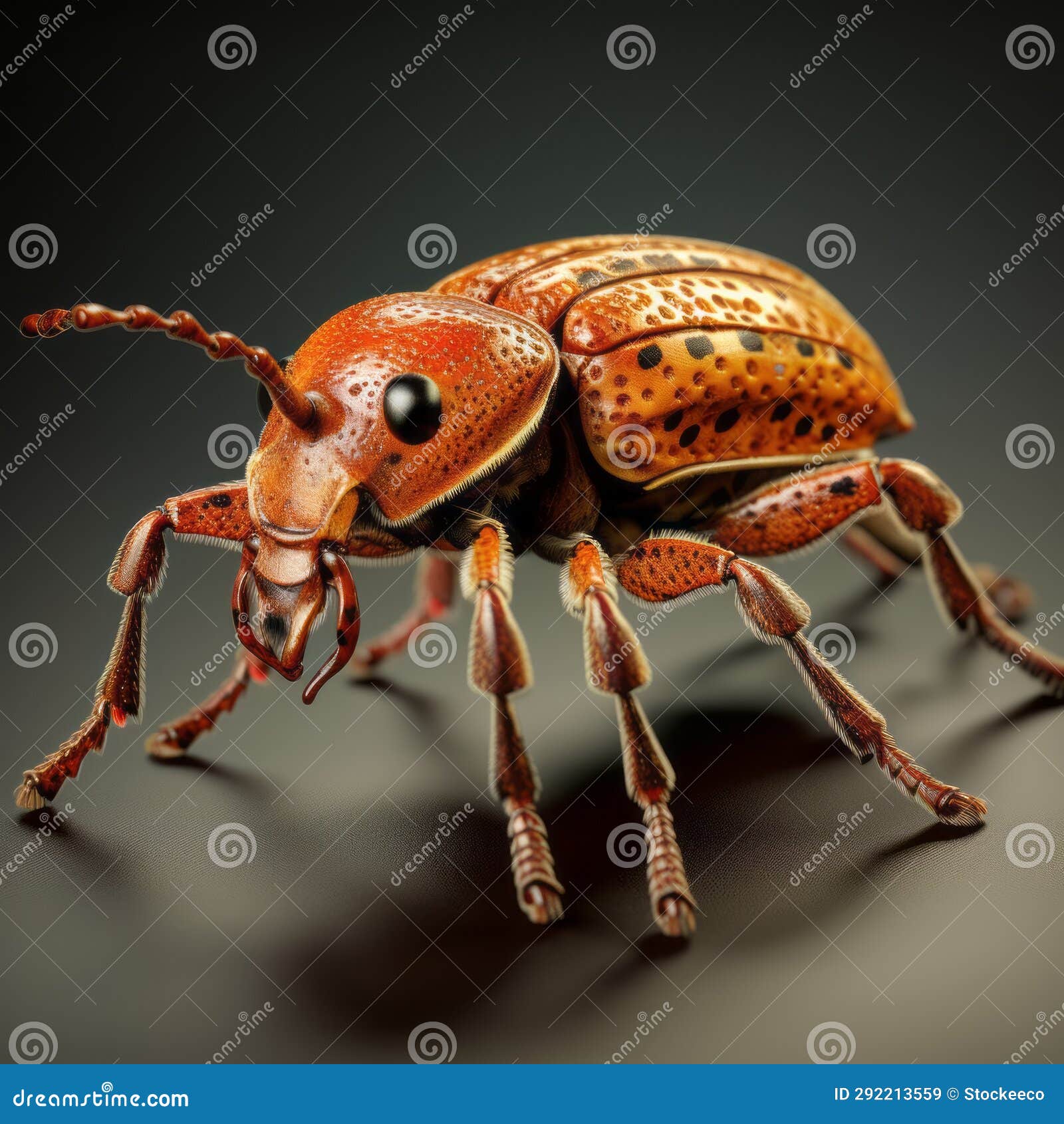 realistic 3d rendering of bronze beetle on dark surface