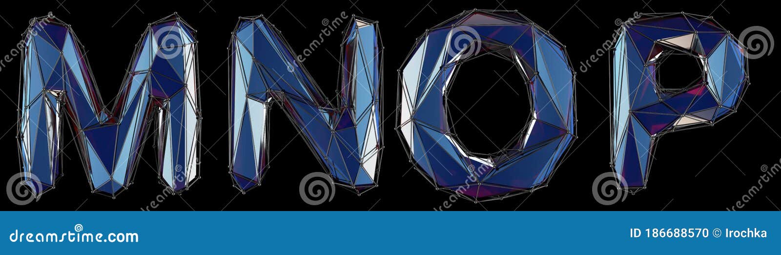 realistic 3d set of letters m, n, o, p made of low poly style. collection s of low poly style blue color glass