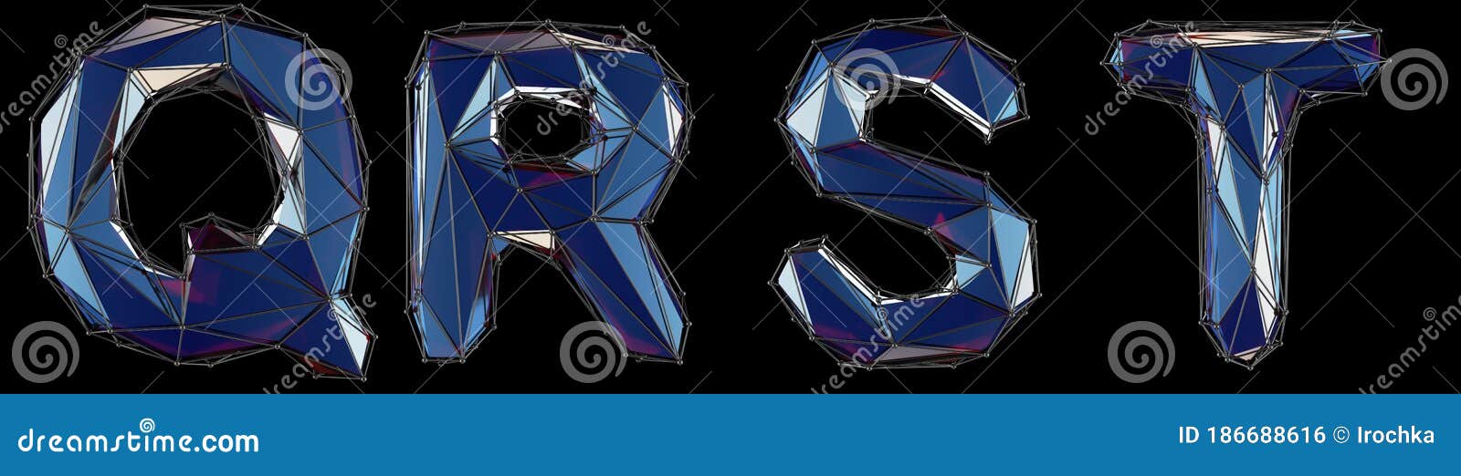 realistic 3d set of letters q, r, s, t made of low poly style. collection s of low poly style blue color glass