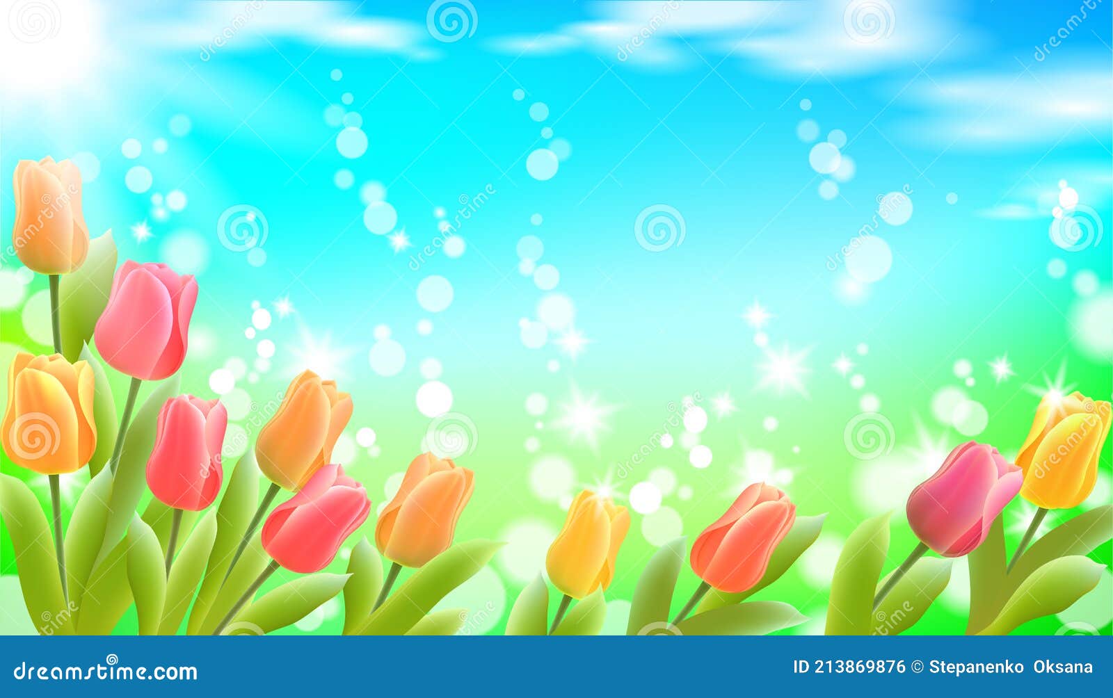 Realistic 3d Spring Web Banner Template. Color Tulip Flowers Grass Blue ...