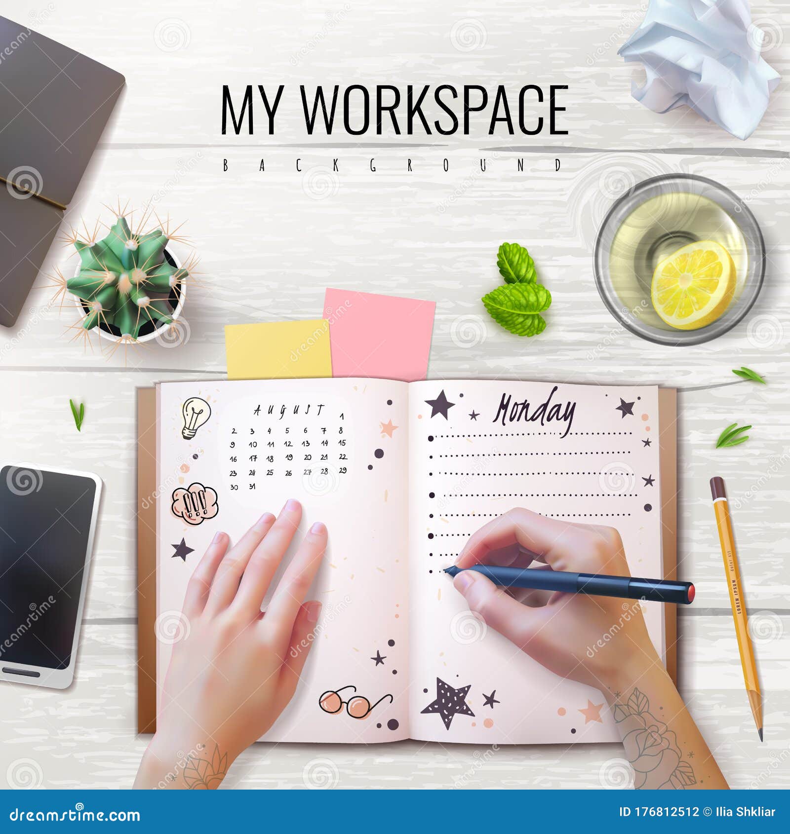 Download Realistic Desktop Workplace Mockup Diary Identity. Realistic Workplace. Desktop Top View. Pencil ...