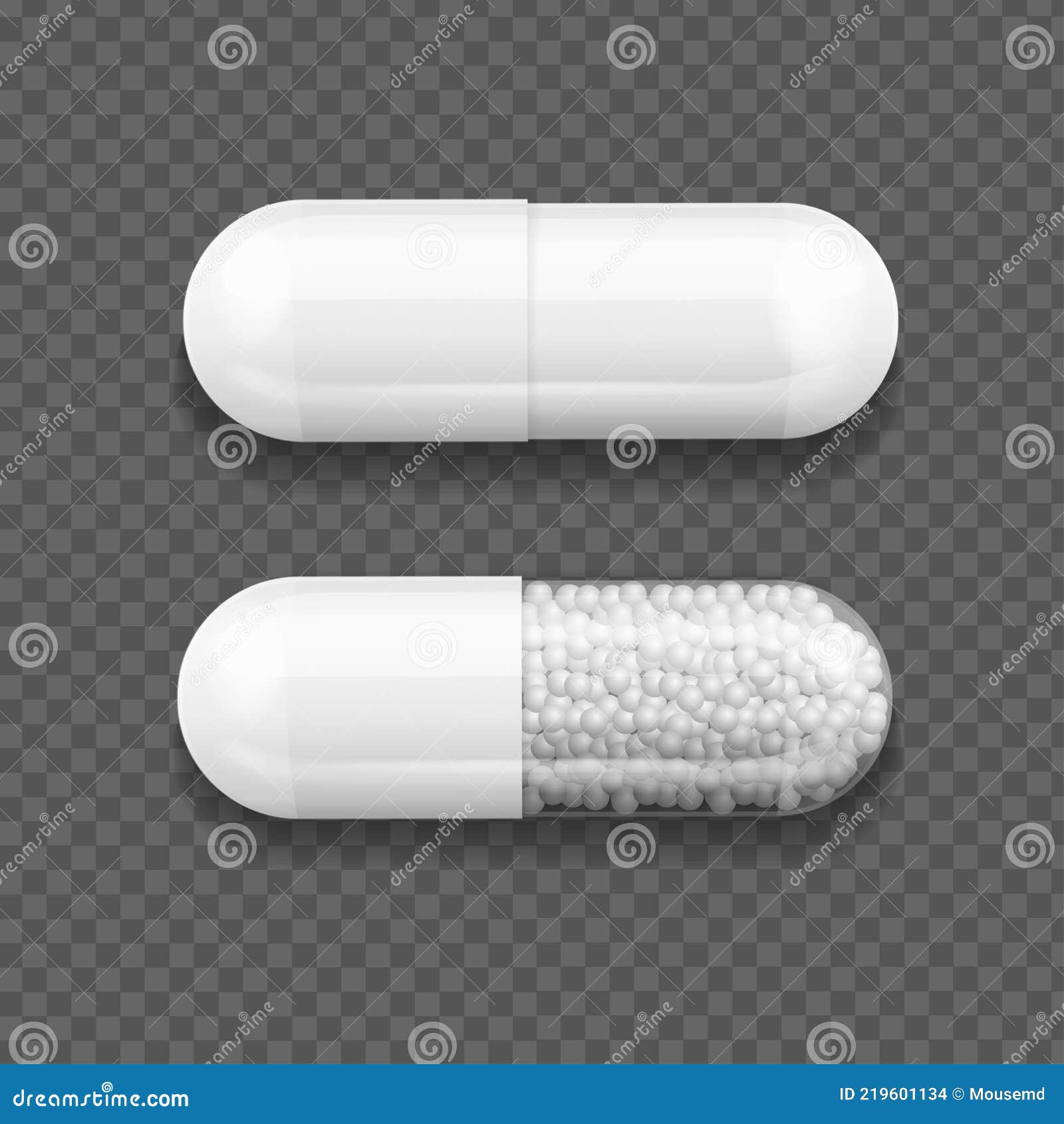 realistic detailed 3d capsule medical with granules set. 