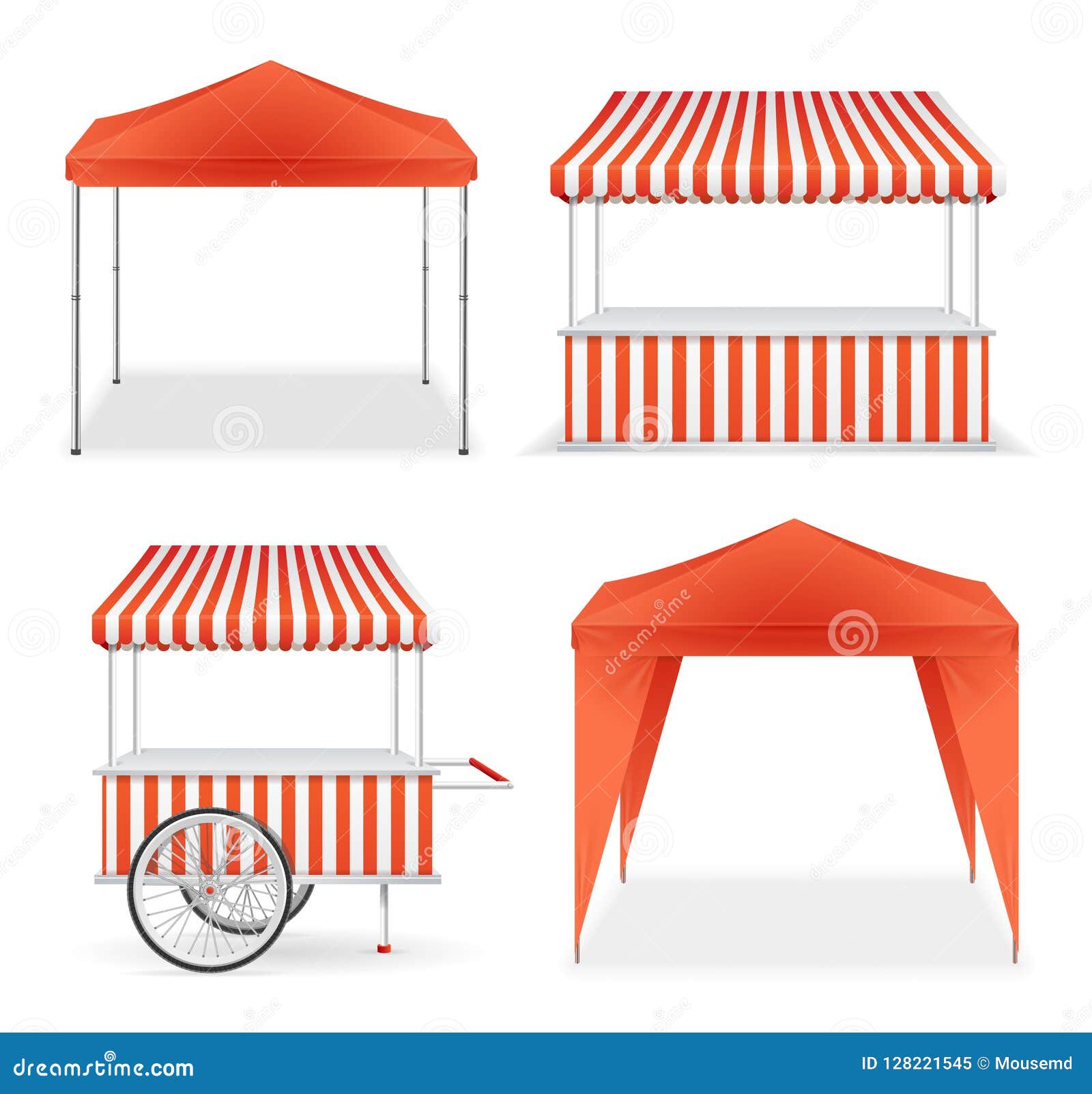 realistic detailed 3d red and striped blank market stall template mockup set. 