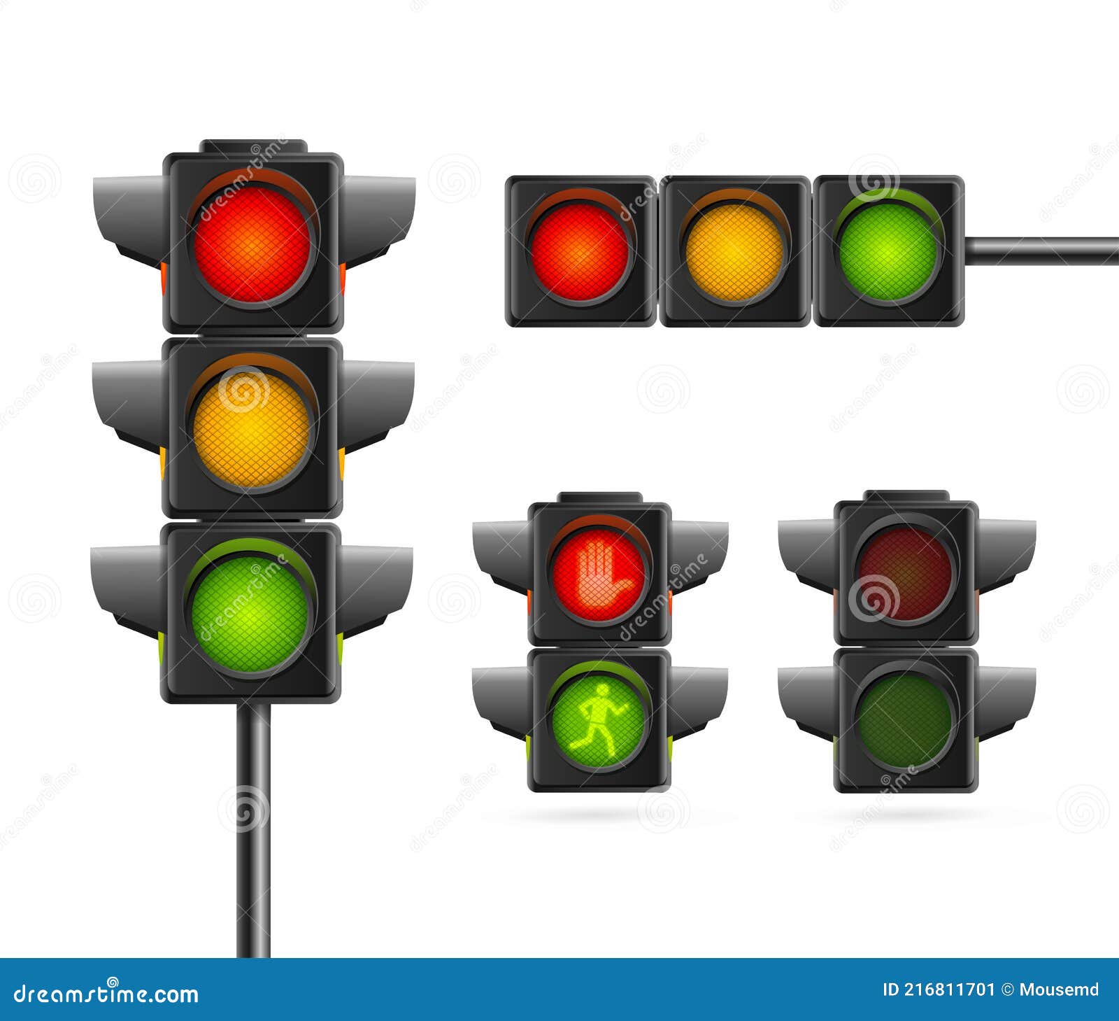 Realistic Detailed 3d Road Traffic Light Set. Vector Stock Vector