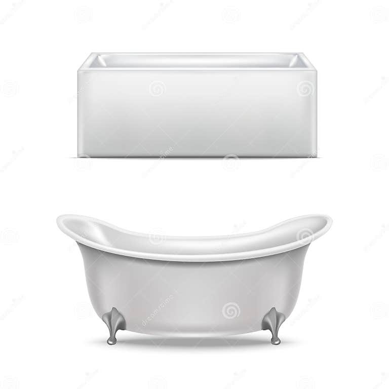 Realistic Detailed 3d White Blank Bathtub Template Mockup Set. Vector