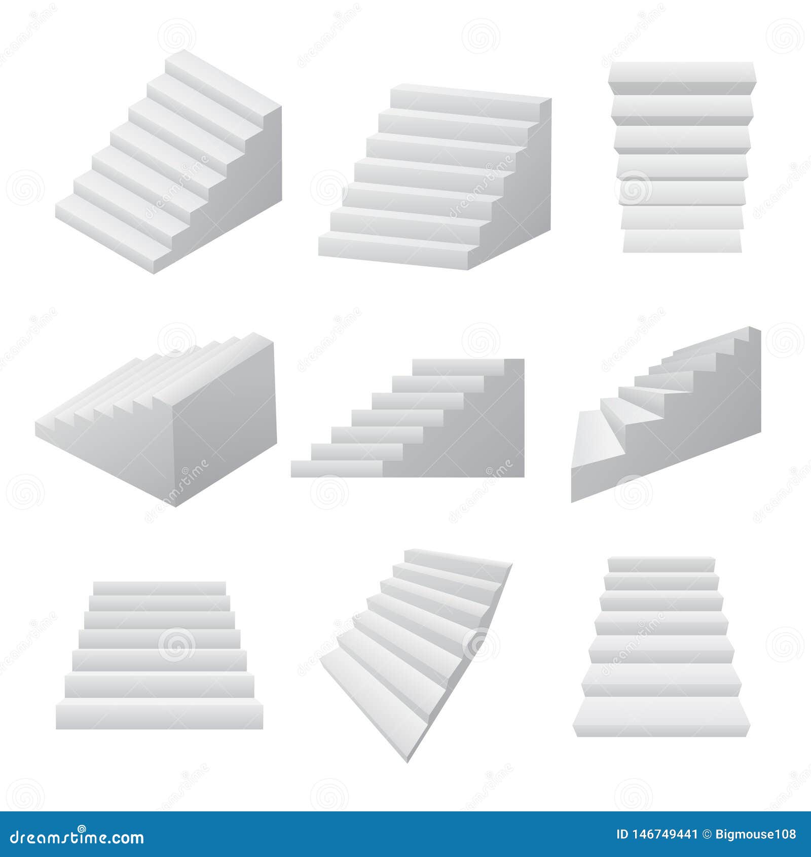 Realistic Detailed 3d White Blank Staircases Template Mockup Set Realistic Detailed 3d White Blank Staircases Template Mockup Set