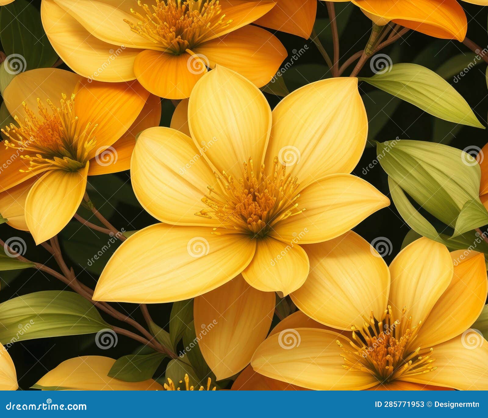 Realistic Gold Dogwood Flowers Seamless Pattern Design Stock