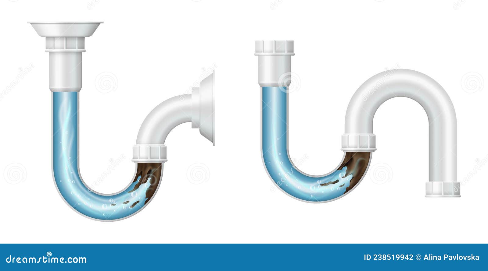 Realistic Drain Pipe Clogged with Mud, 3d Set. Sink Pipe with Liquid