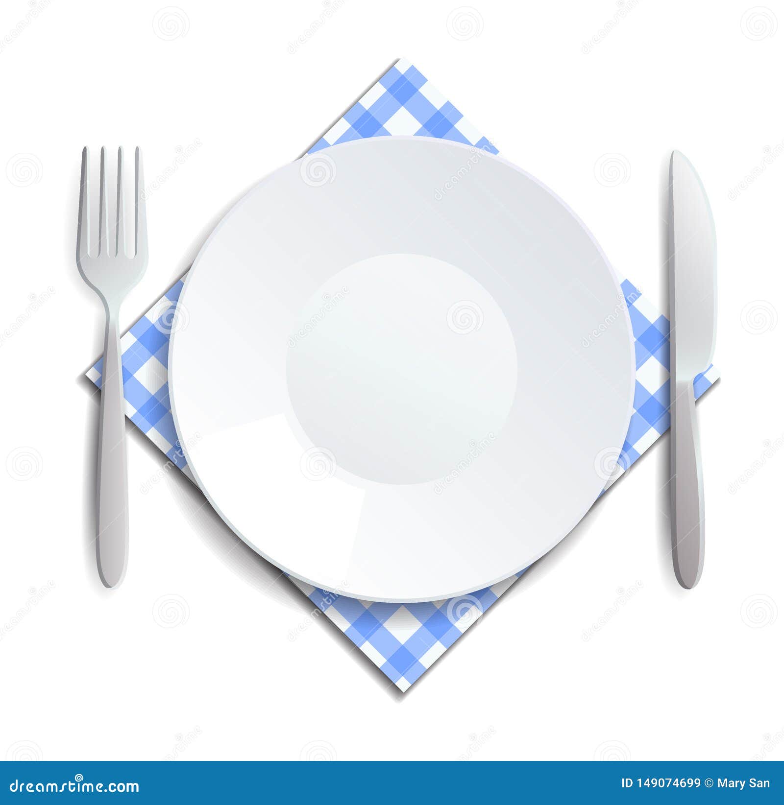 realistic empty plate, fork and knife served on a checkered napkin  . can be used for advertising