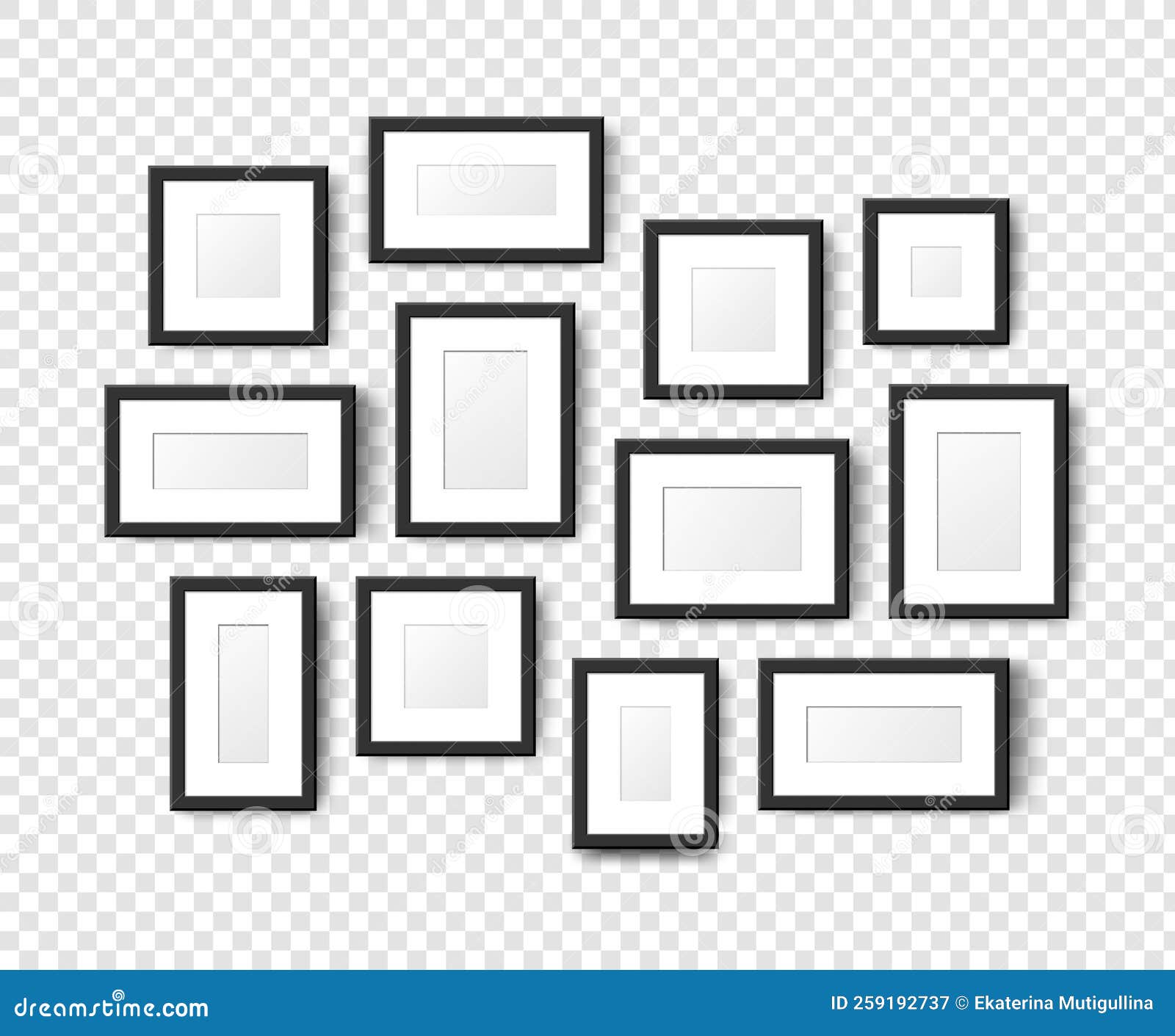 Realistic Empty Wall Photo Frames Collage. Vector Black Picture Frame