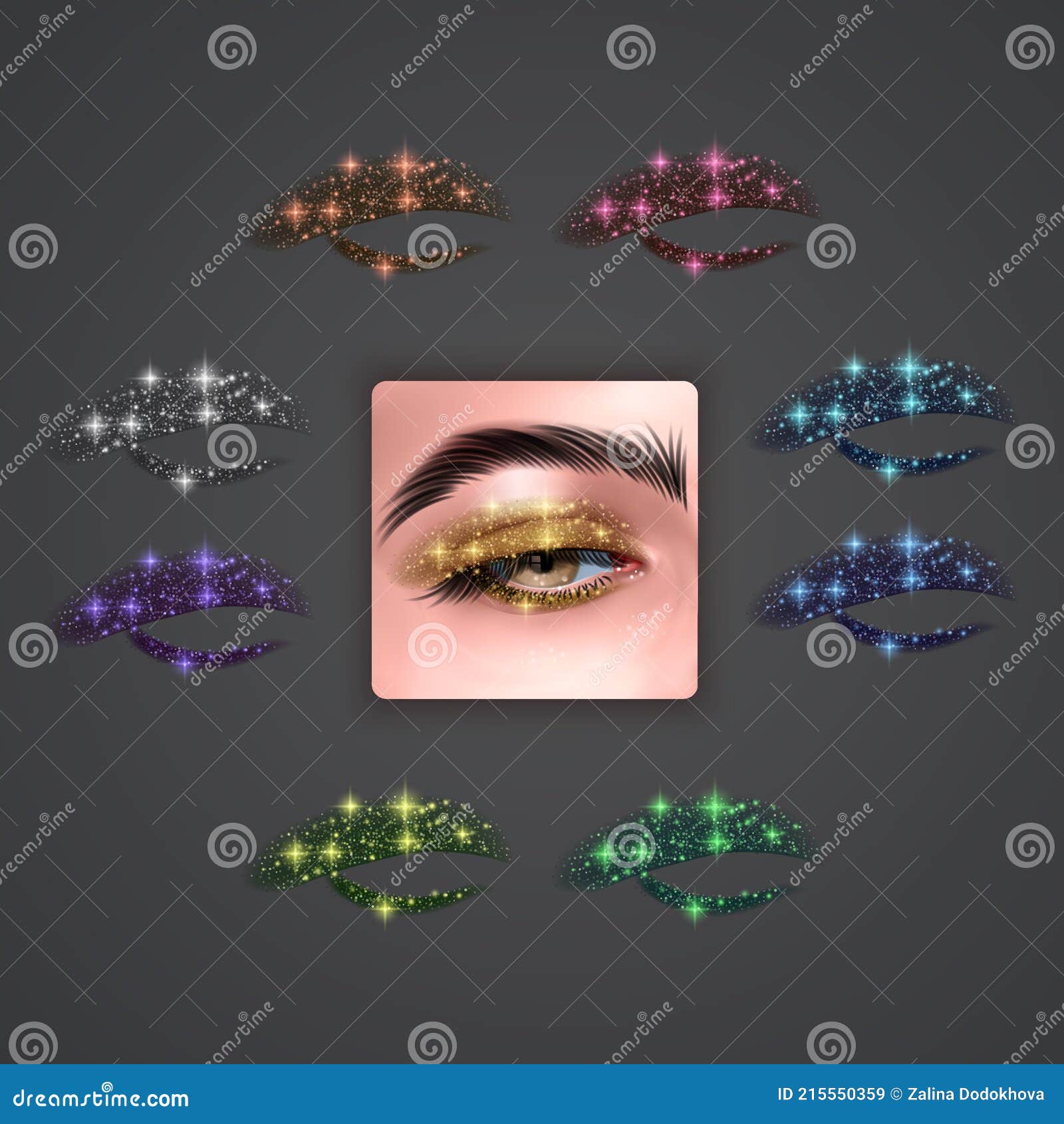 Realistic Eyes with Bright Eyeshadows with Glittering Texture, Vector