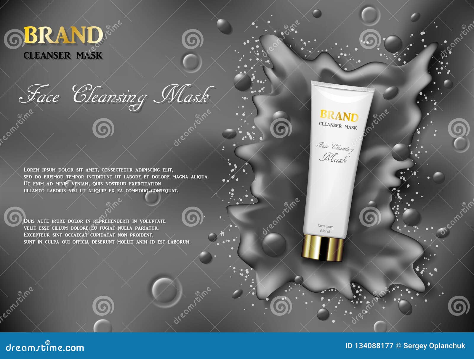 realistic face cosmetic cleansing mask ads, splash background with drops. charcoal skincare hydrating facial cream for
