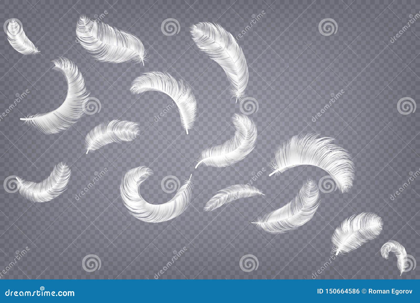 realistic feathers. fluffy white goose and swan different falling fluffy twirled feather, weightless plume 