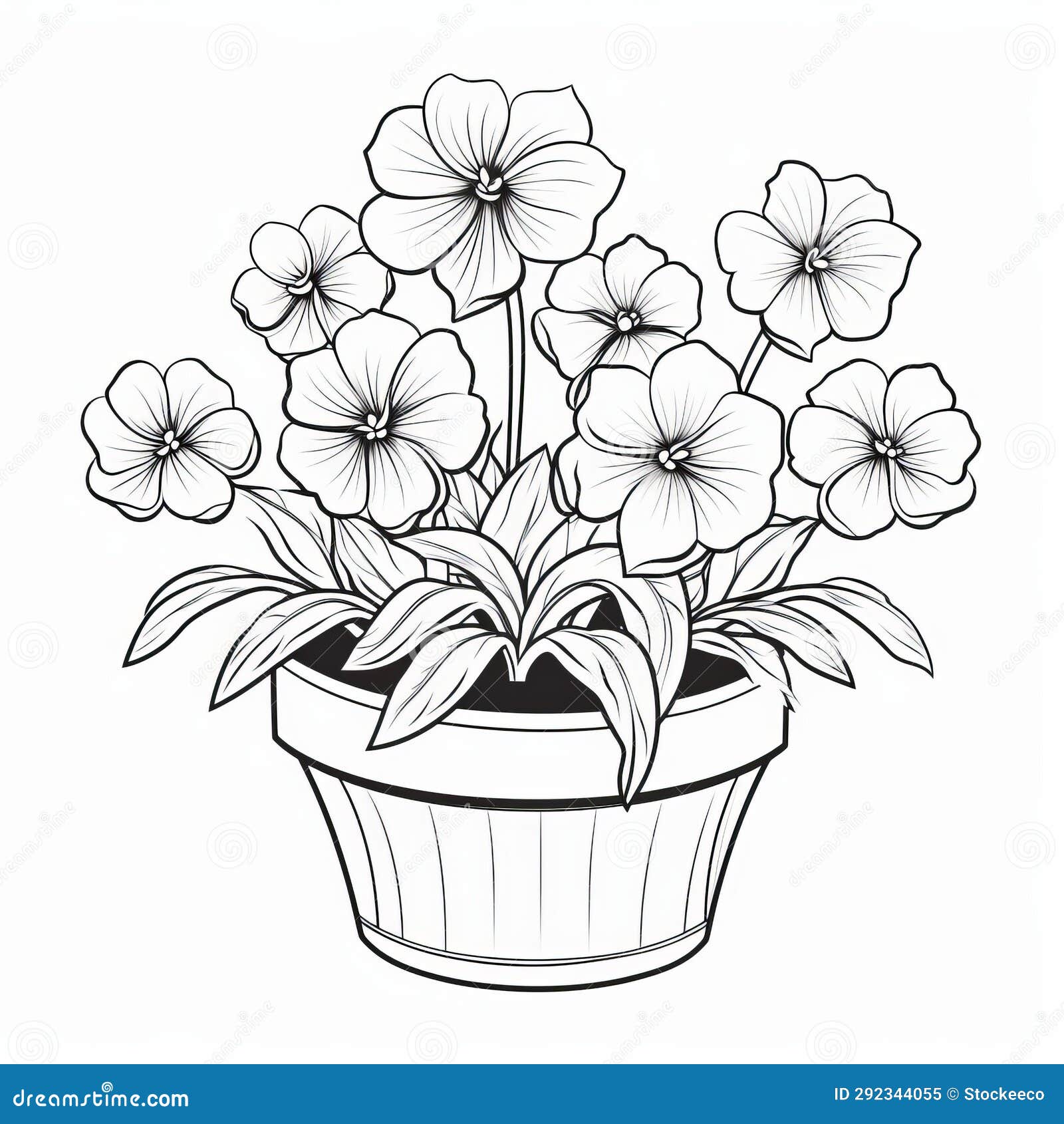 Realistic Flowers in a Pot Coloring Page with Detailed Rendering Stock ...