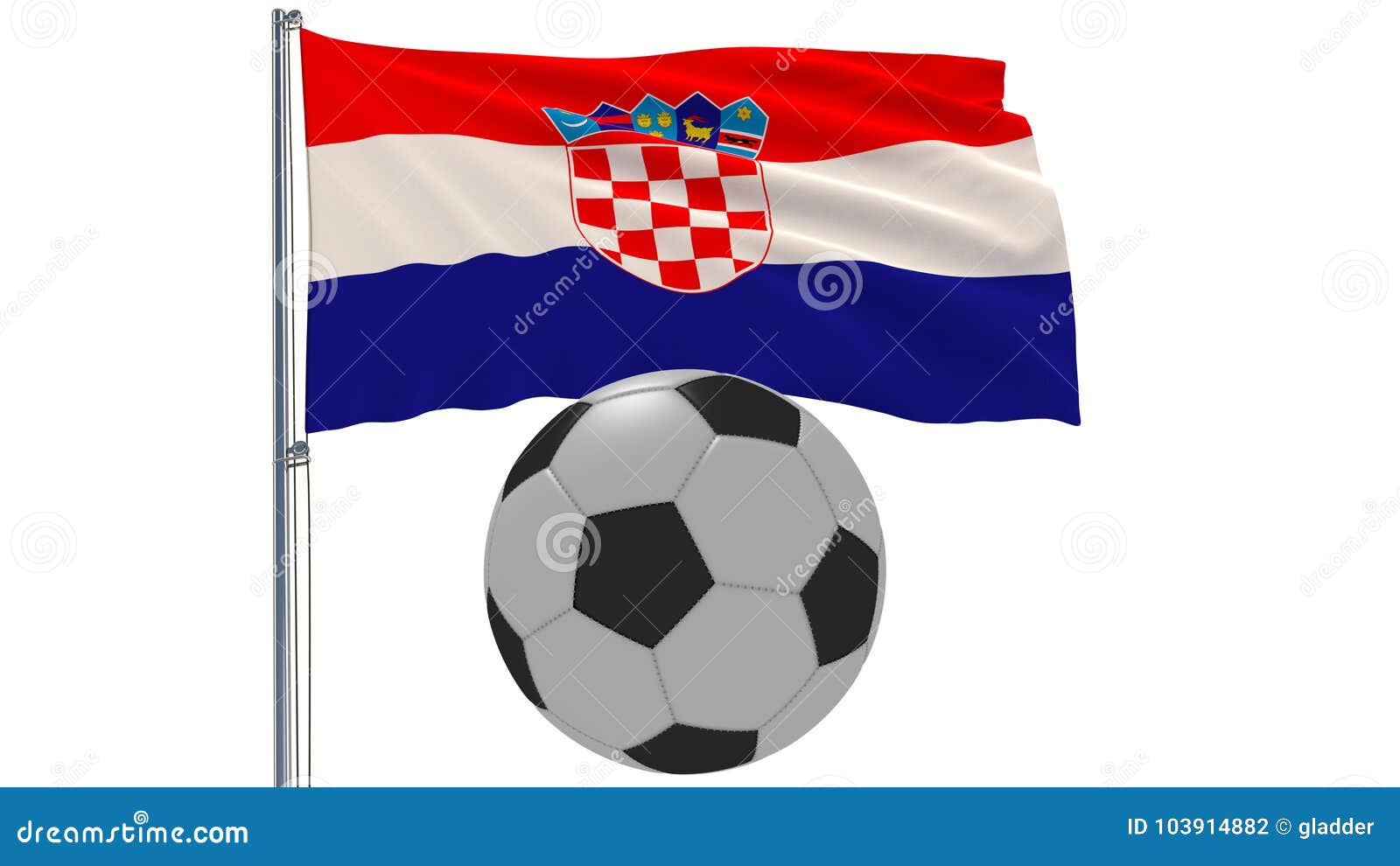realistic fluttering flag of croatia and soccer ball flying around on a white background, 3d rendering.